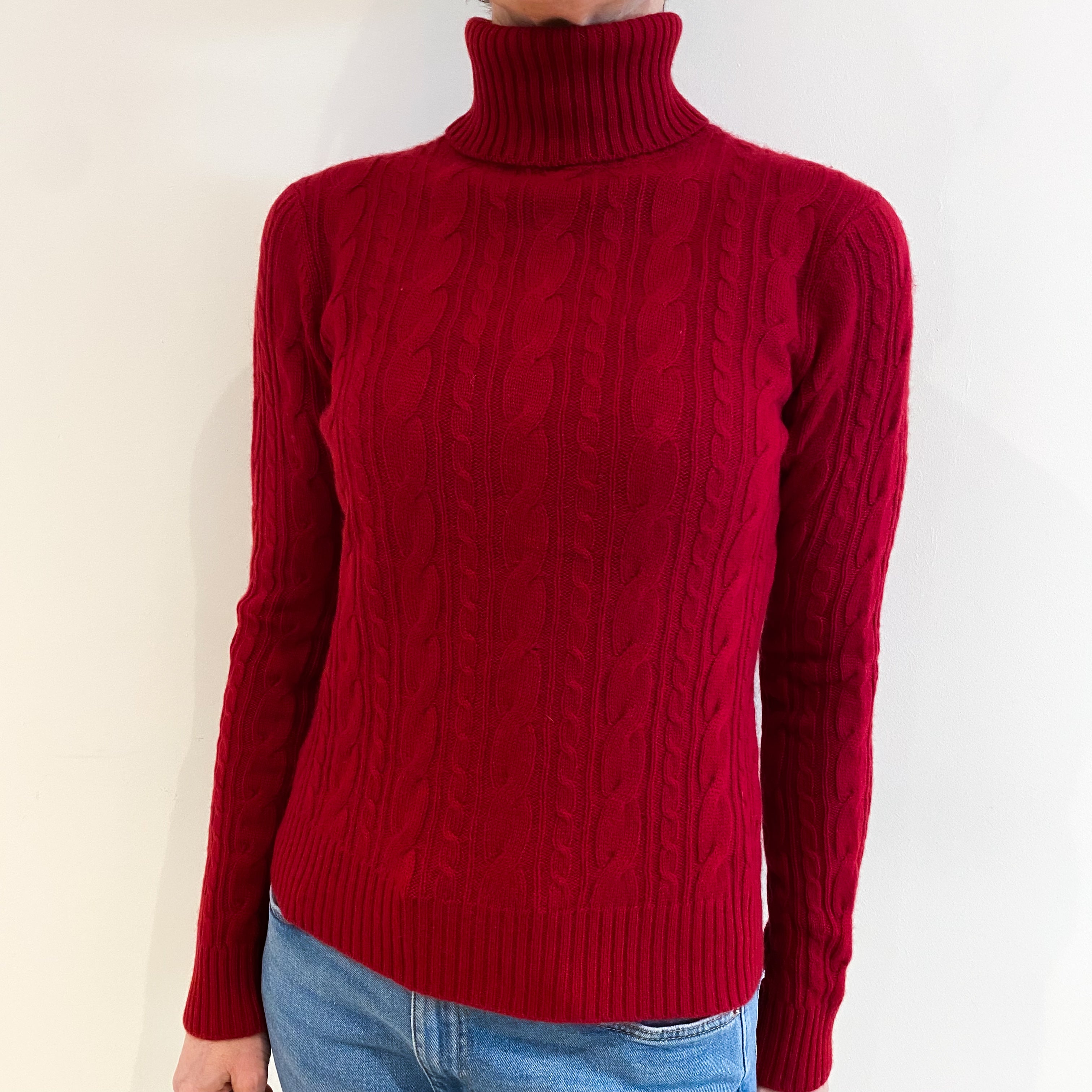 Crimson Red Cable Cashmere Polo Neck Jumper Small