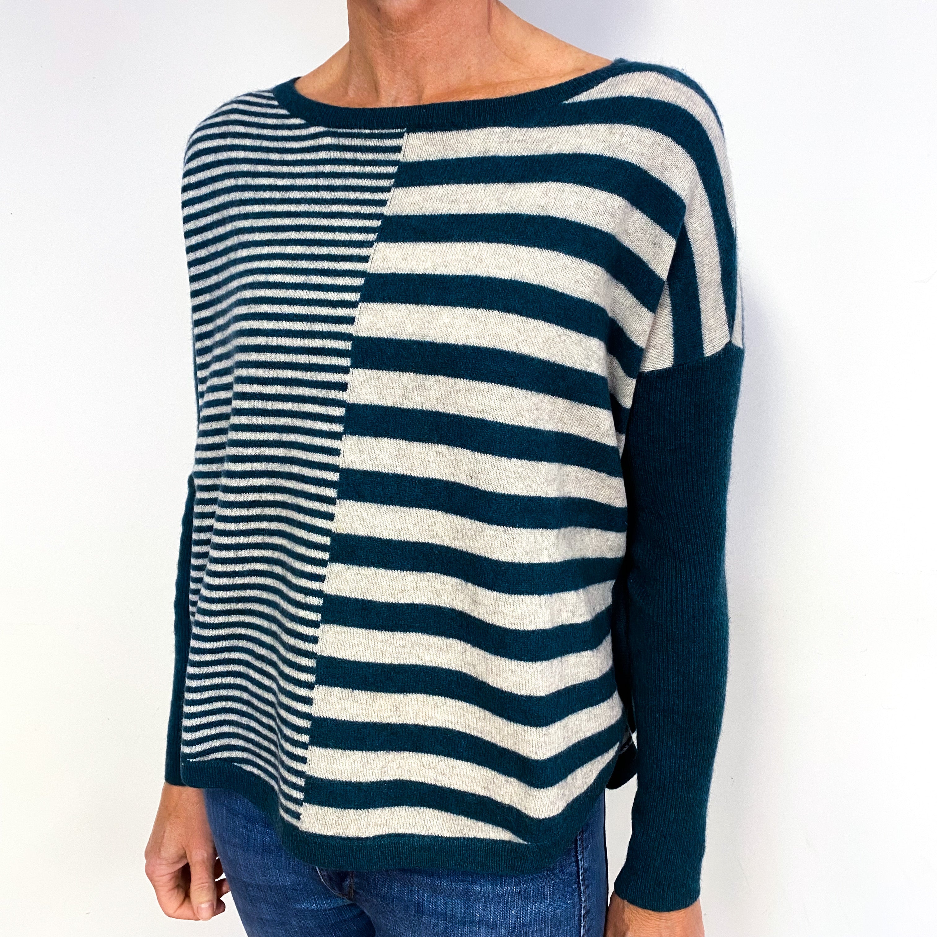 Navy Blue Cream Striped Cashmere Crew Neck Jumper Medium
