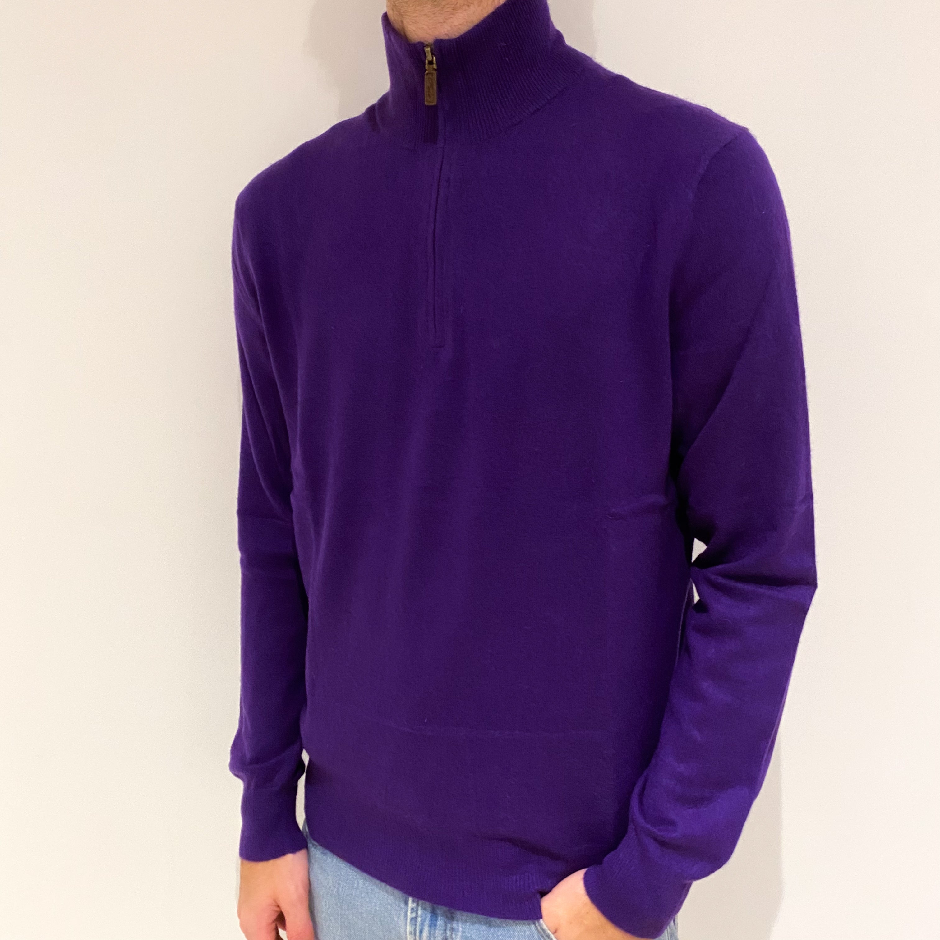 Men's Iris Purple Cashmere 1/4 Zip Jumper Large
