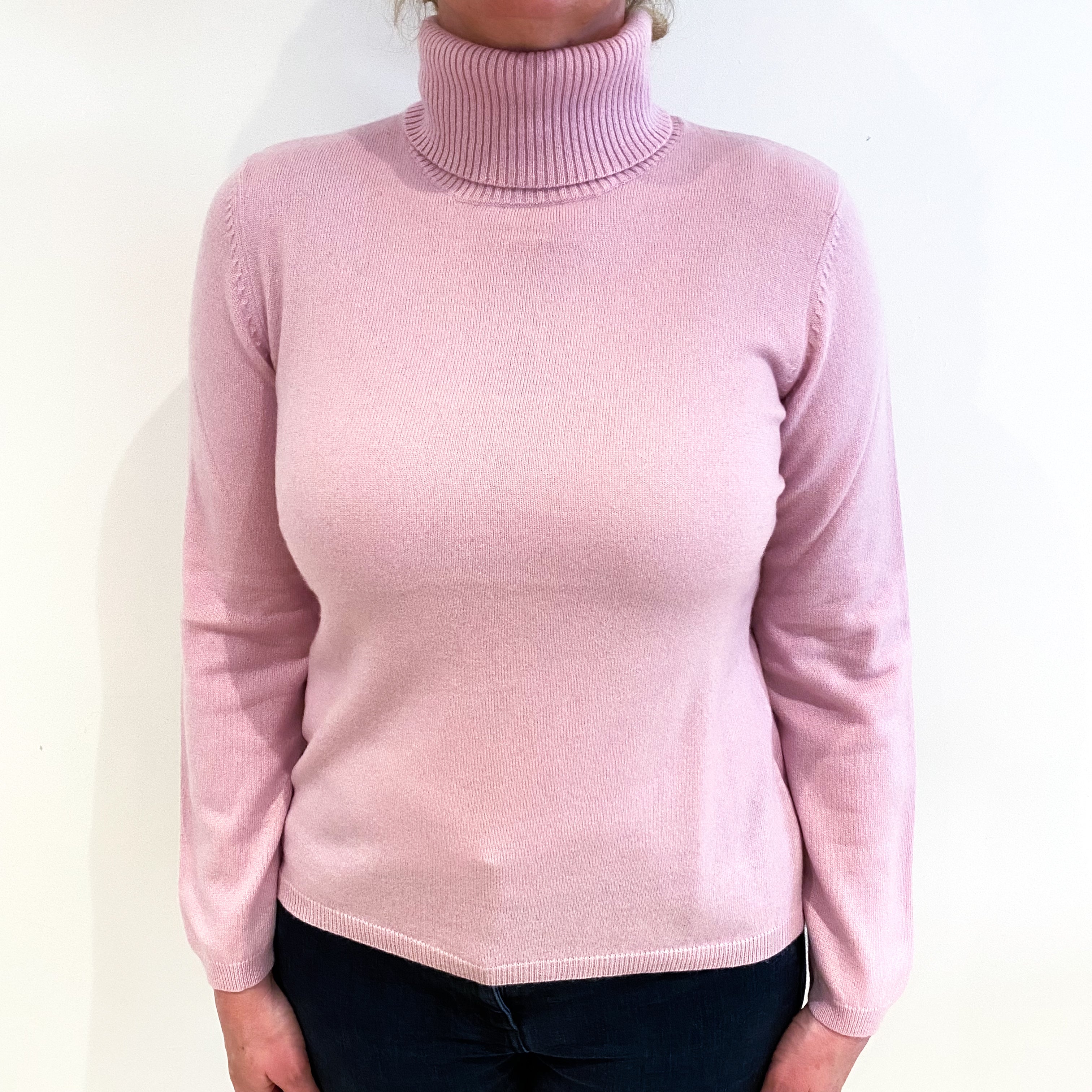 Carnation Pink Cashmere Polo Neck Jumper Large