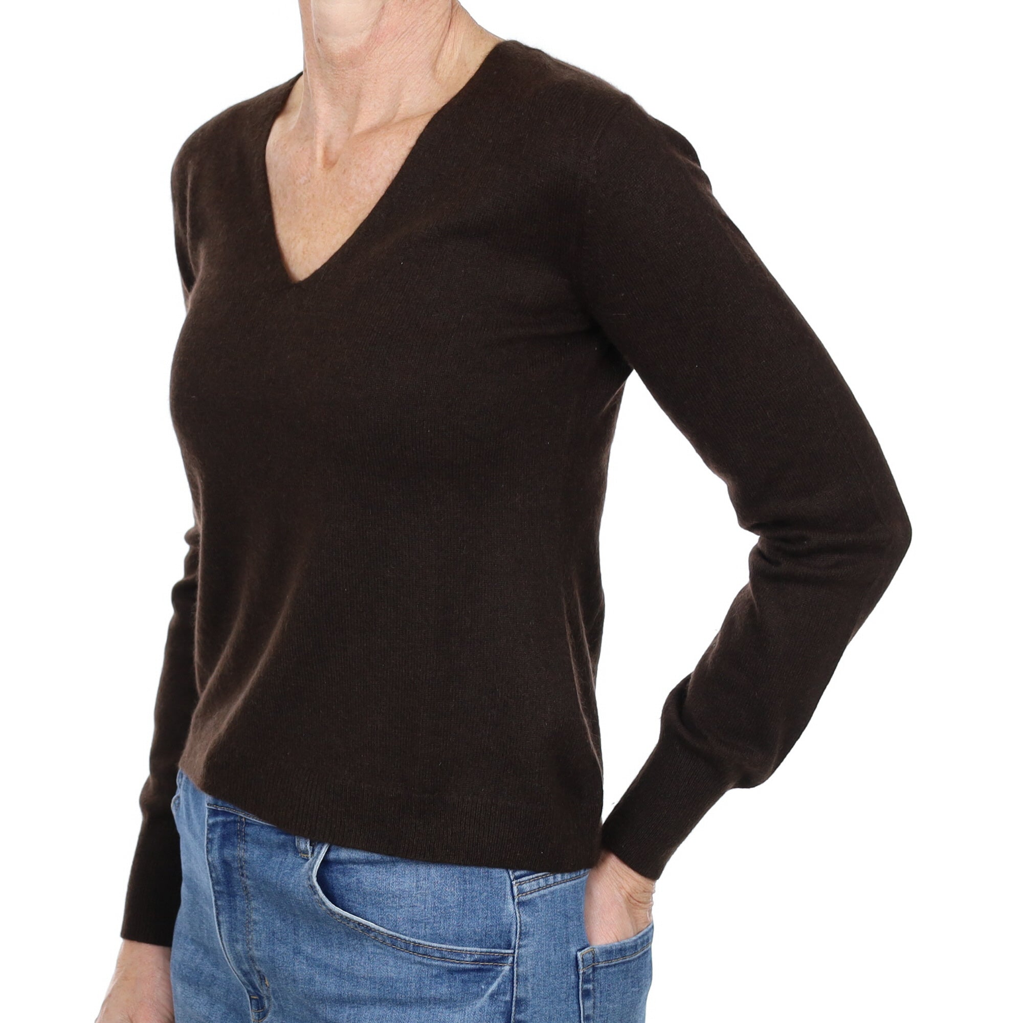 Dark Chocolate Brown Cashmere V Neck Jumper Small