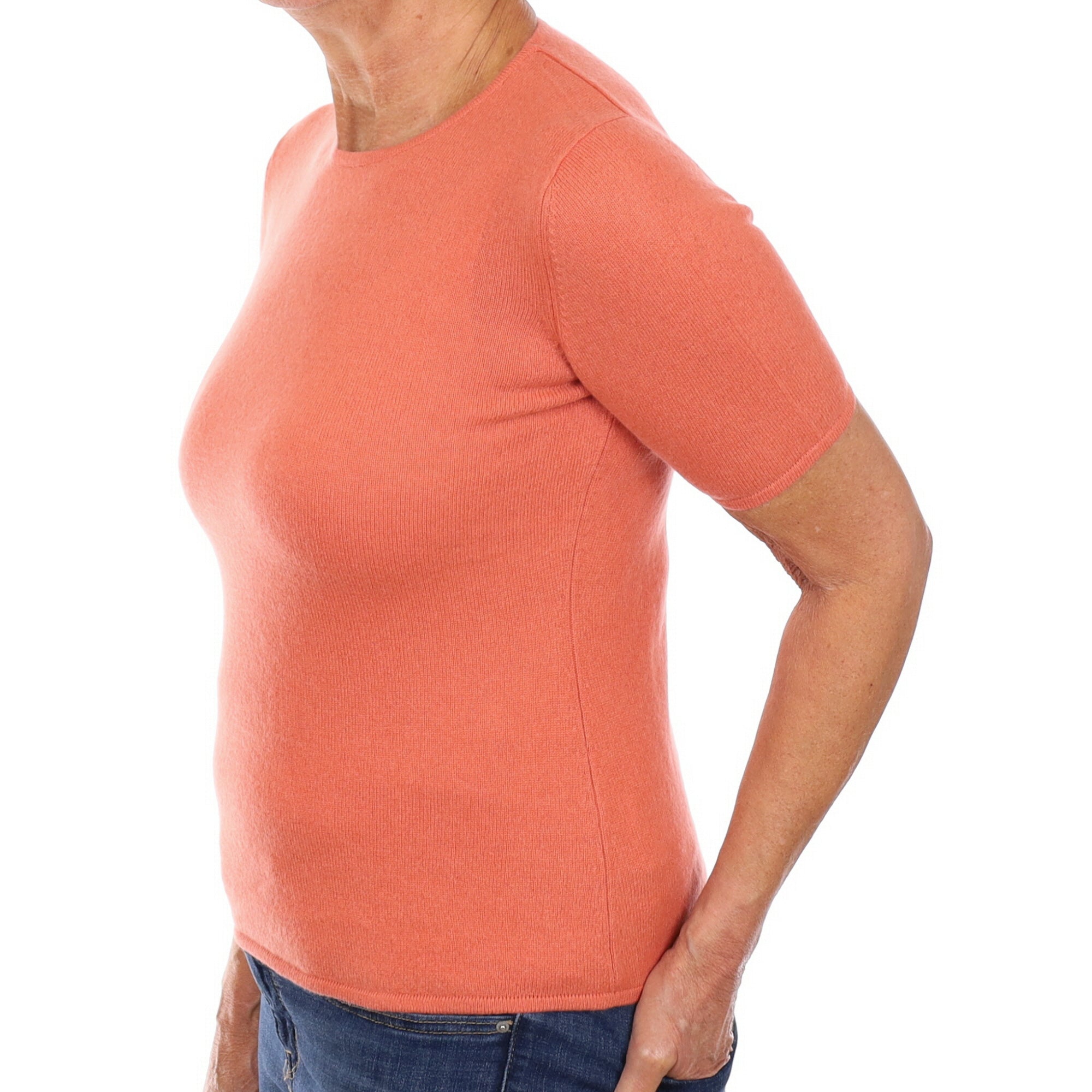 Coral Orange Cashmere Short Sleeve Crew Neck Jumper Medium