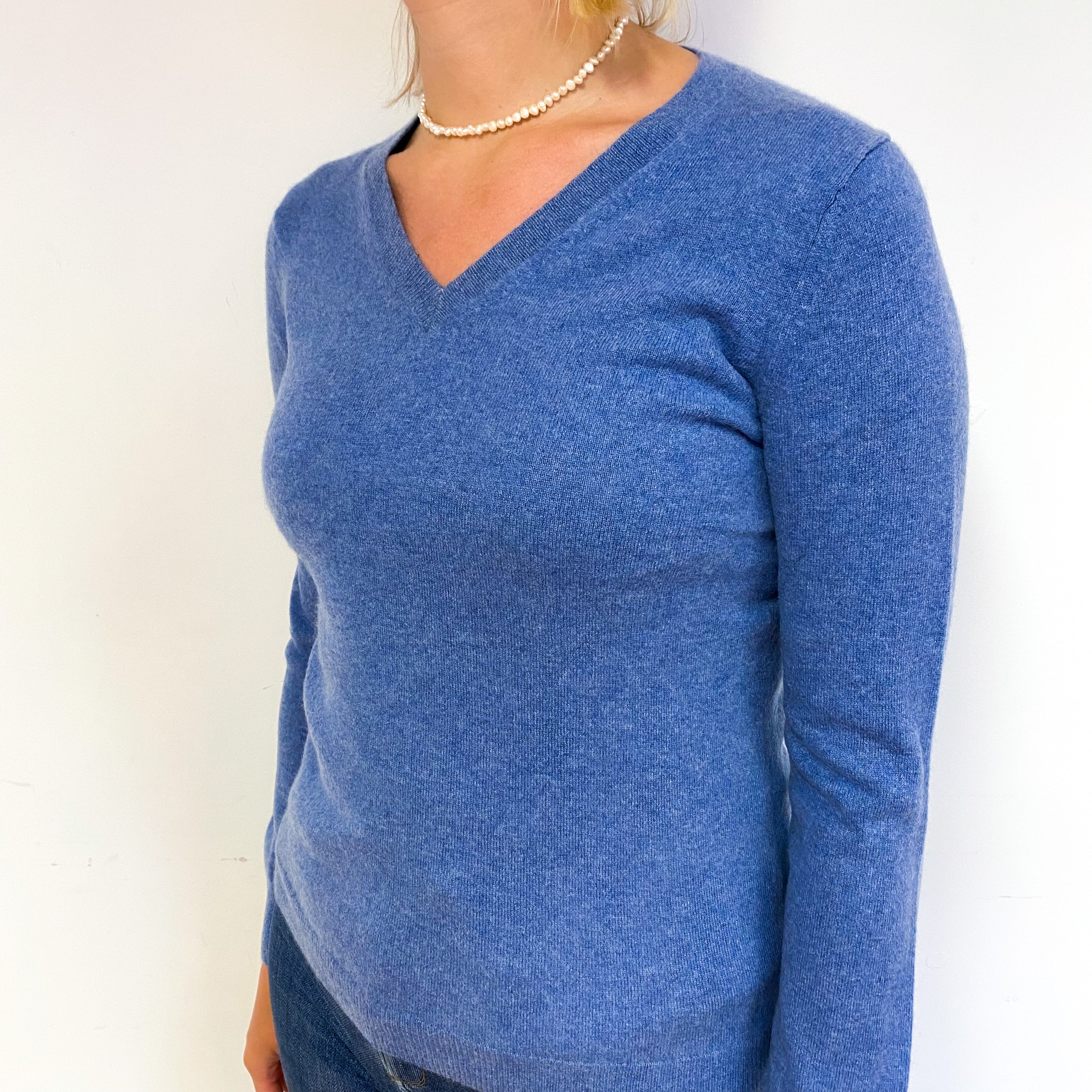 Denim Blue Cashmere V-Neck Jumper Small