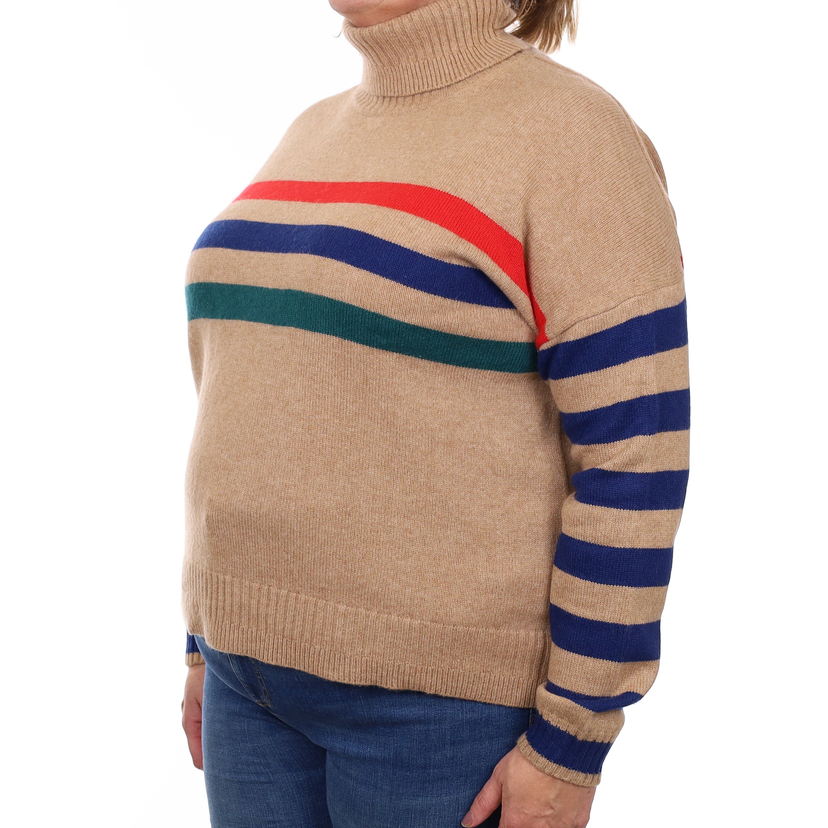 Caramel Striped Chunky Cashmere Polo Neck Jumper Extra Large
