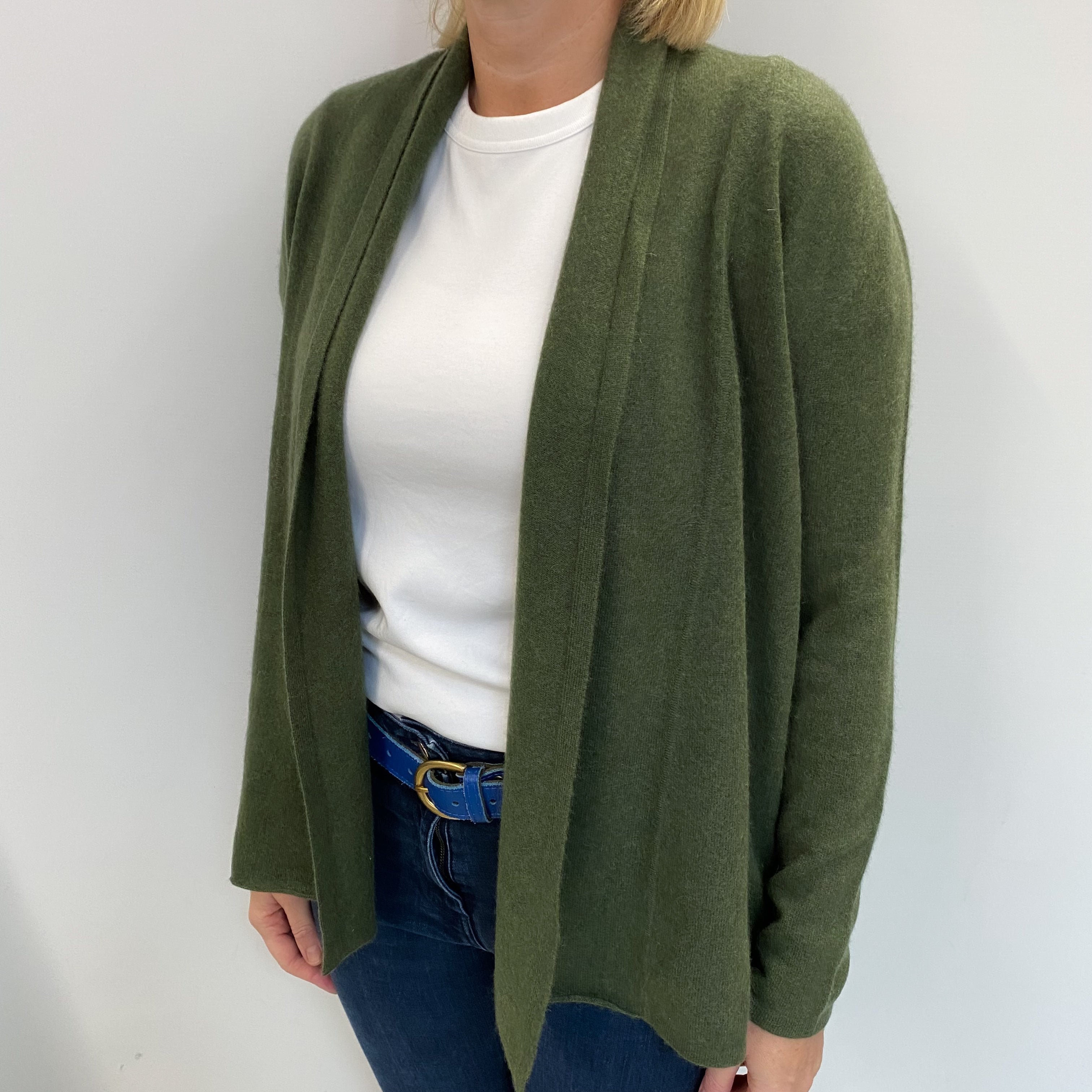 Neiman Marcus Moss Green Cashmere Edge To Edge Cardigan Large