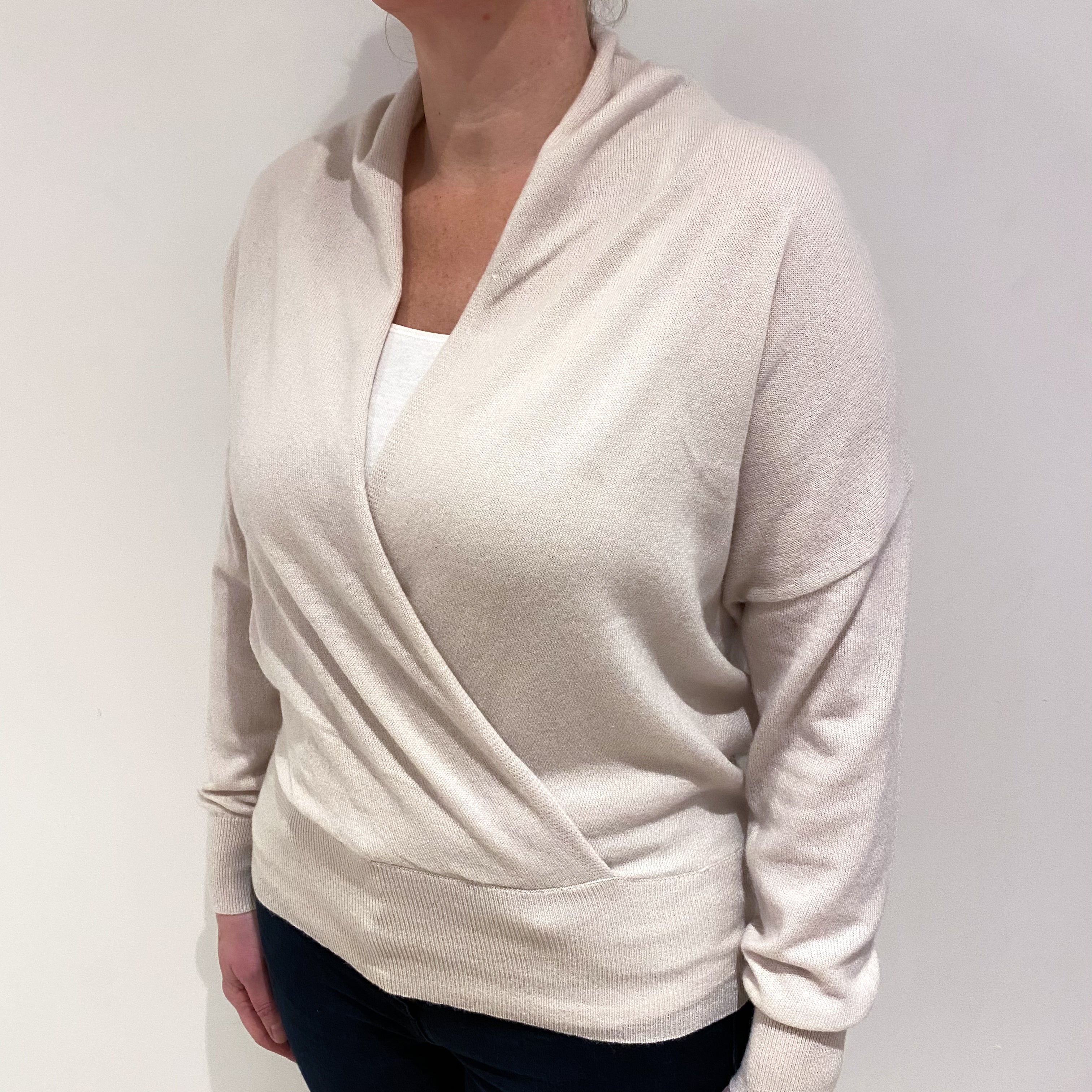Nili Lotan Ivory Cashmere Cross Over V Neck Jumper Large
