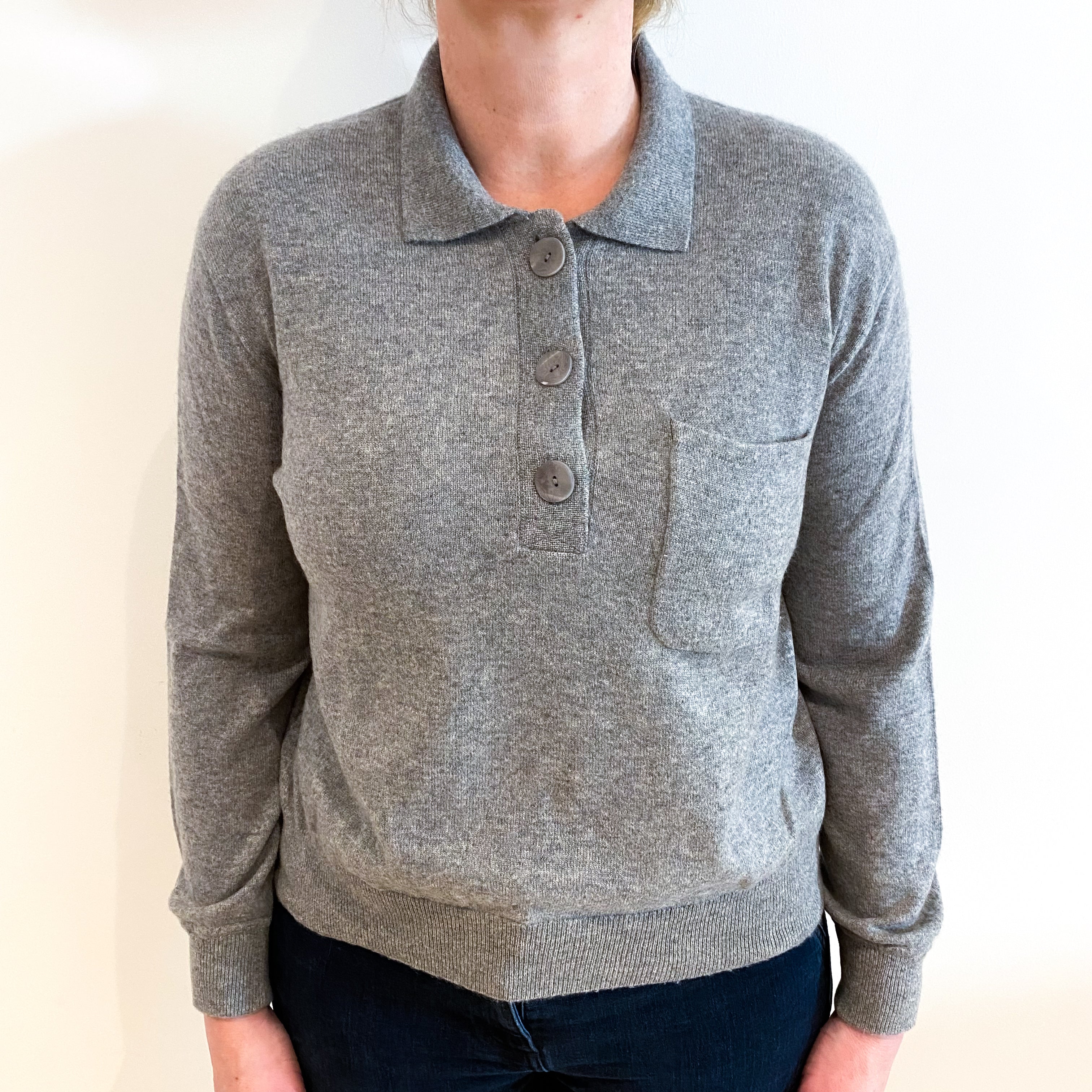 Ash Grey Cashmere Collared 1/4 Button Jumper Large