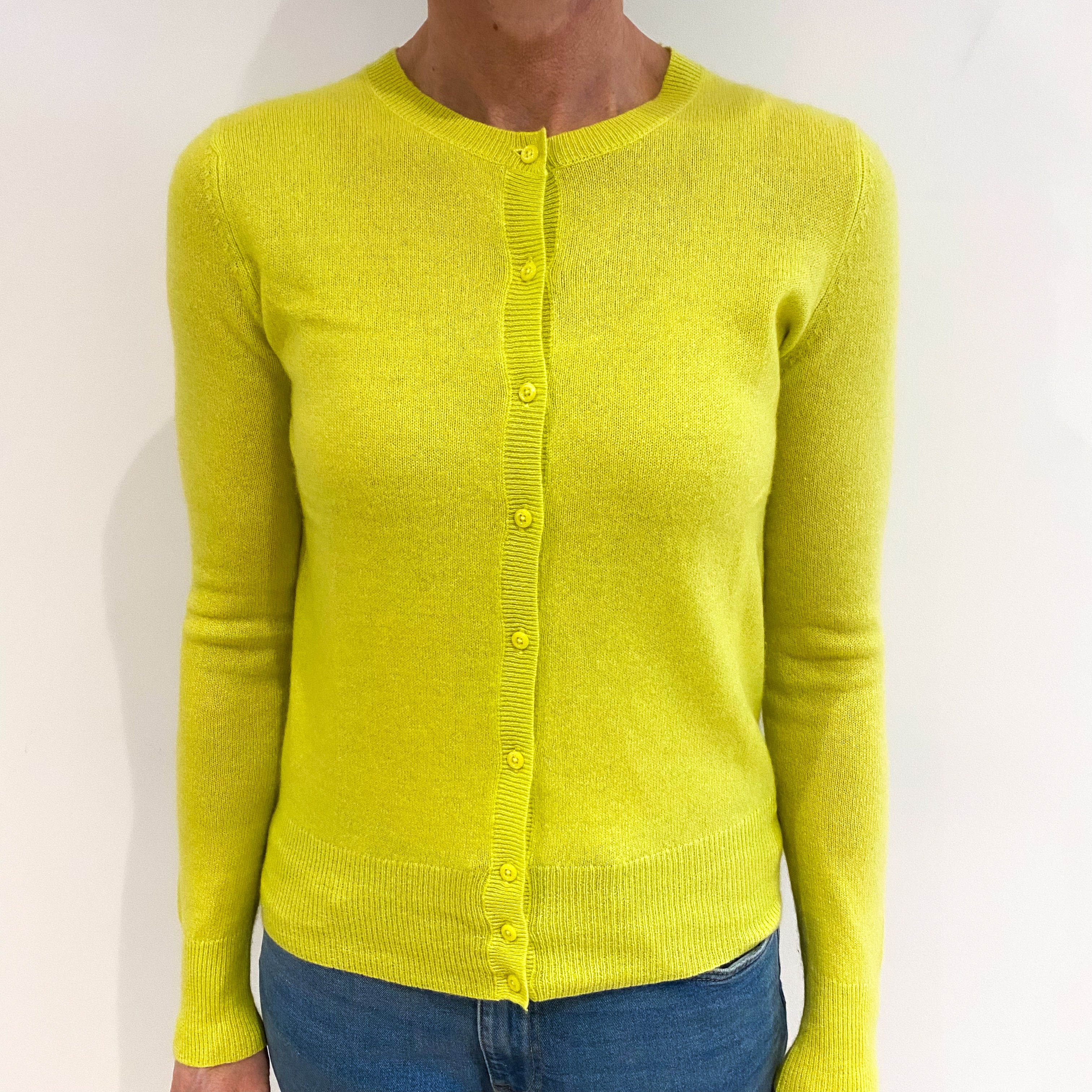 Neon Yellow Cashmere Crew Neck Cardigan Small