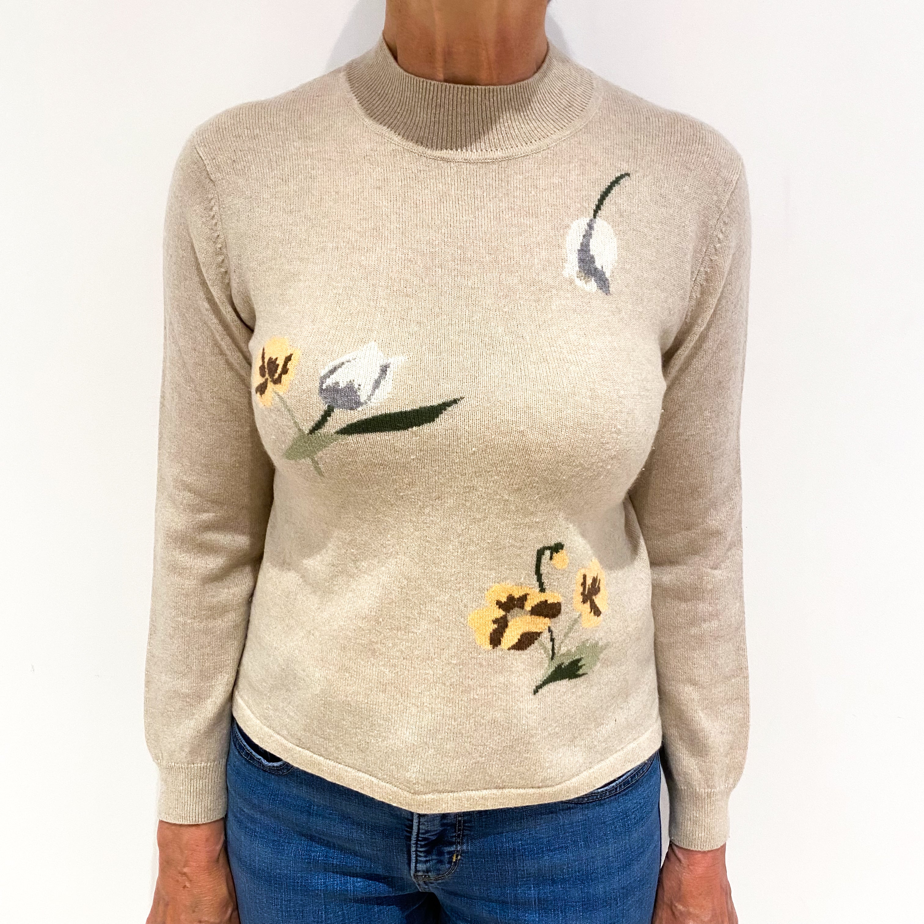 Fawn Beige Floral Cashmere Turtle Neck Jumper Medium