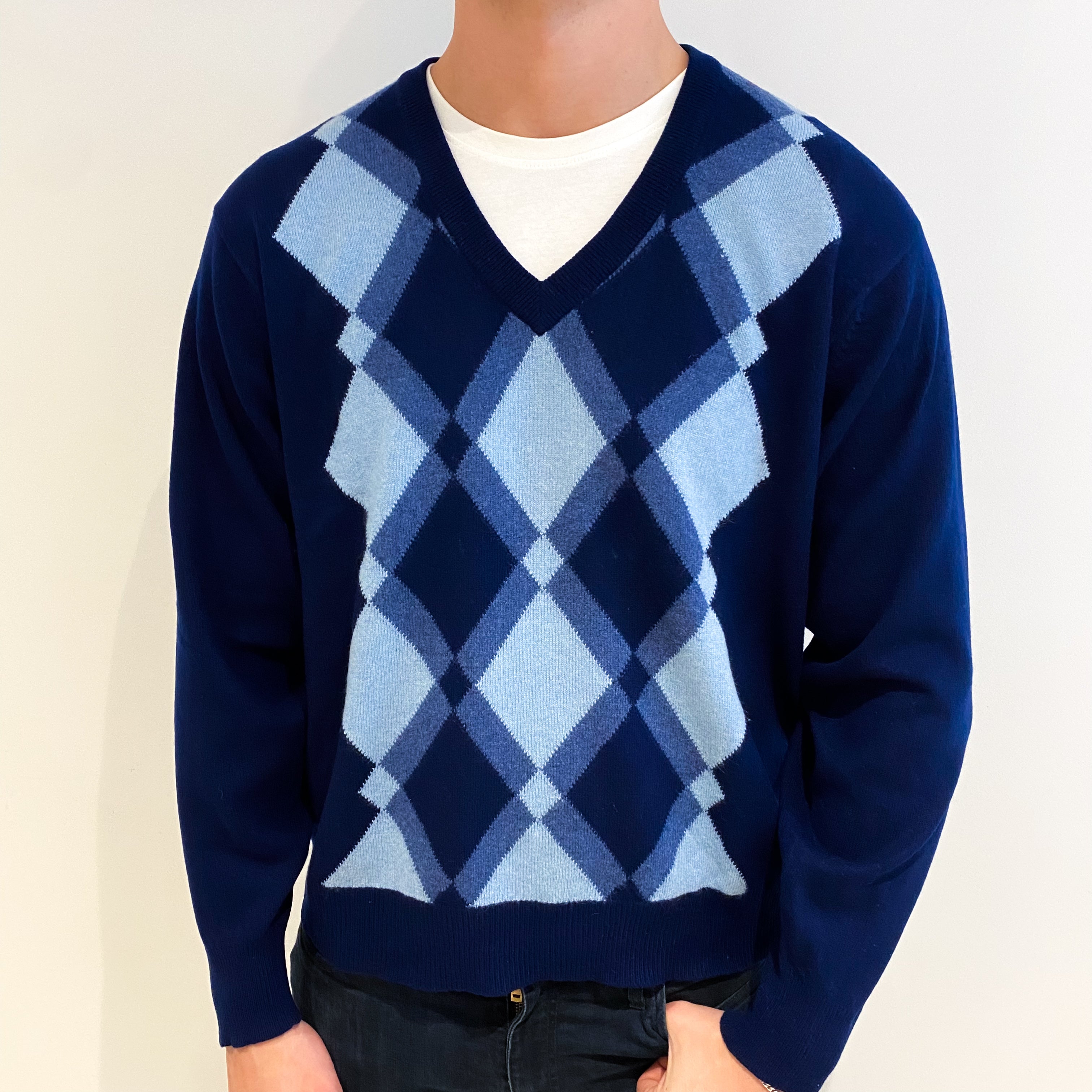 Men's Midnight Blue Diamond Cashmere V Neck Jumper XXL