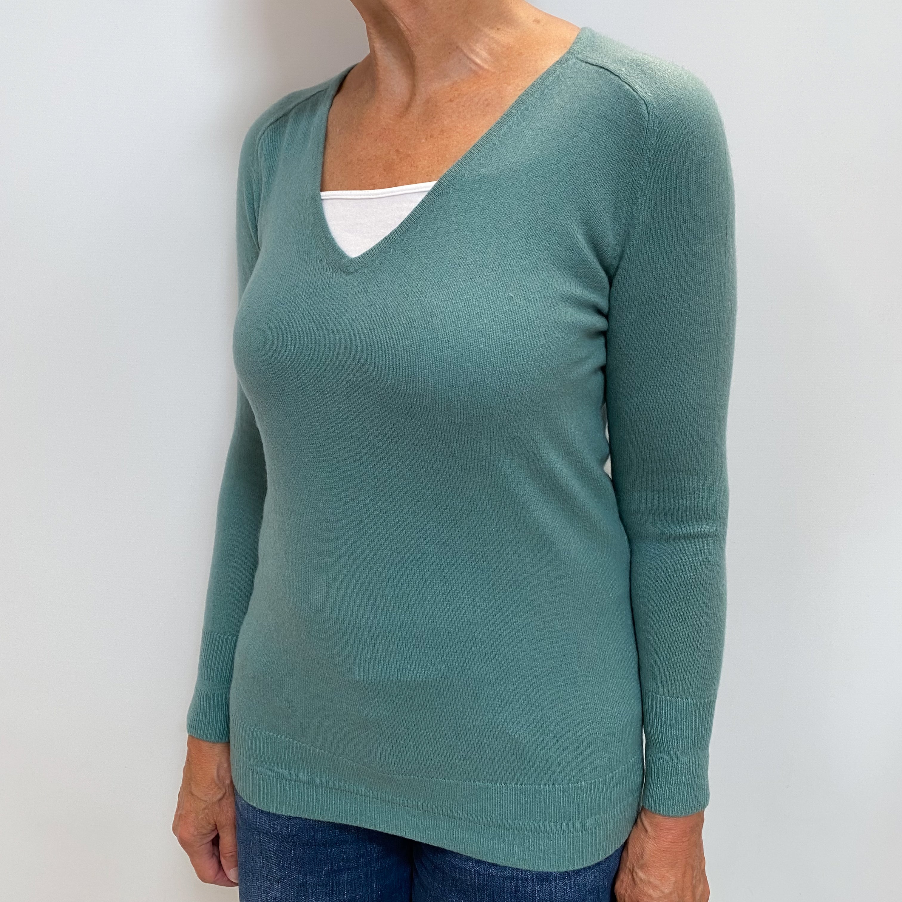 Sea Green Cashmere V Neck Jumper Medium