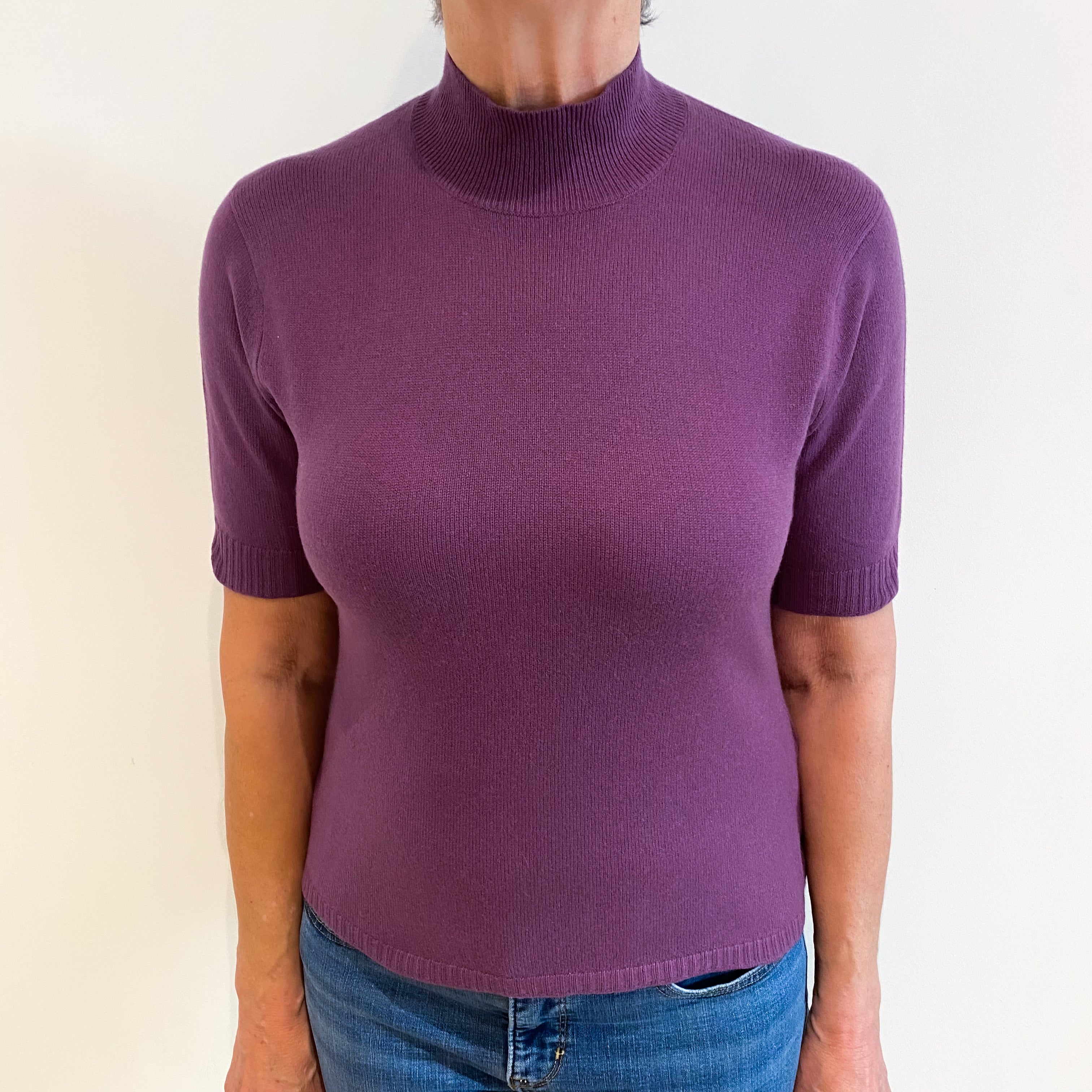 Deep Mauve Purple Cashmere Short Sleeve Turtle Neck Jumper Medium