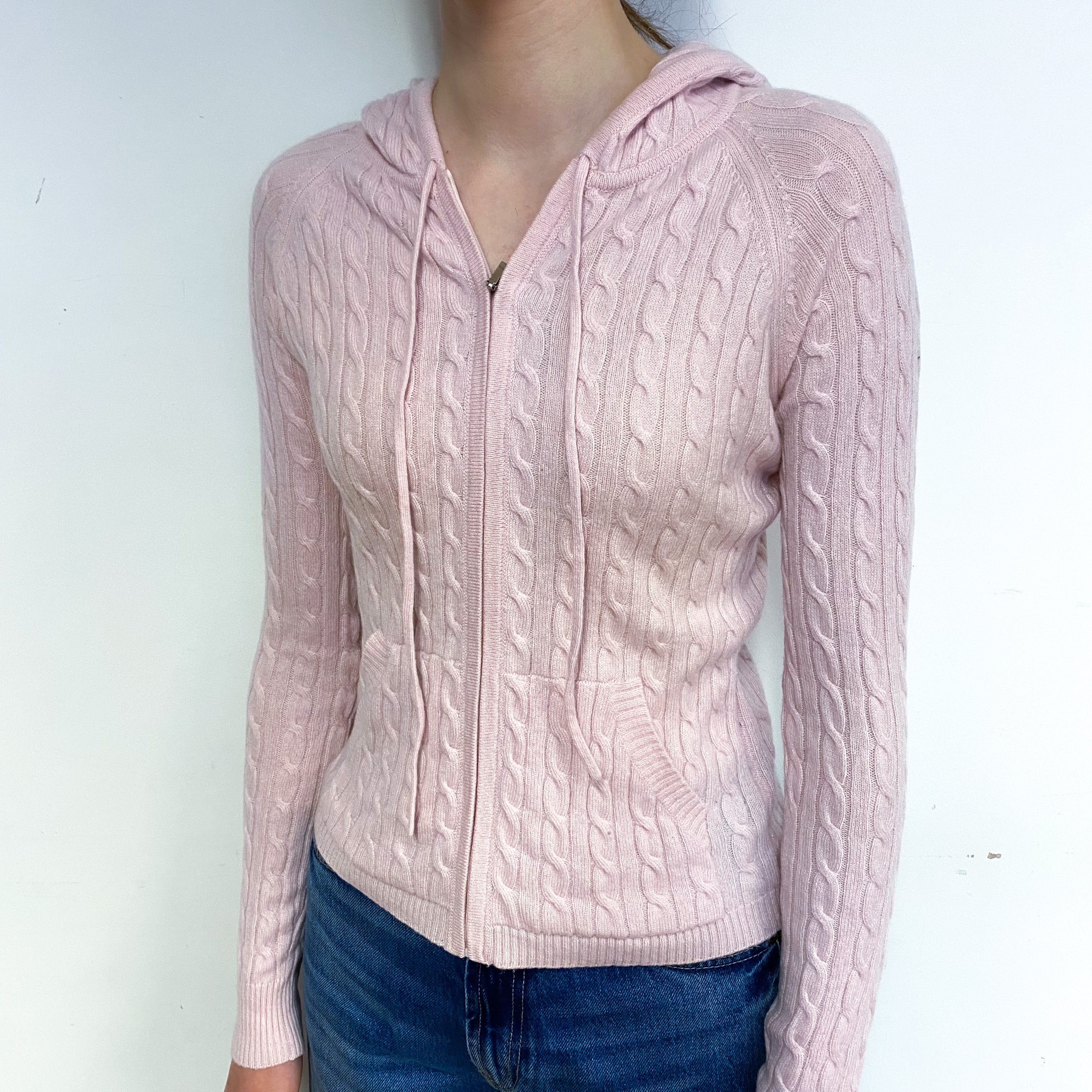 Pale Pink Cable Cashmere Zip Up Hoodie Extra Small