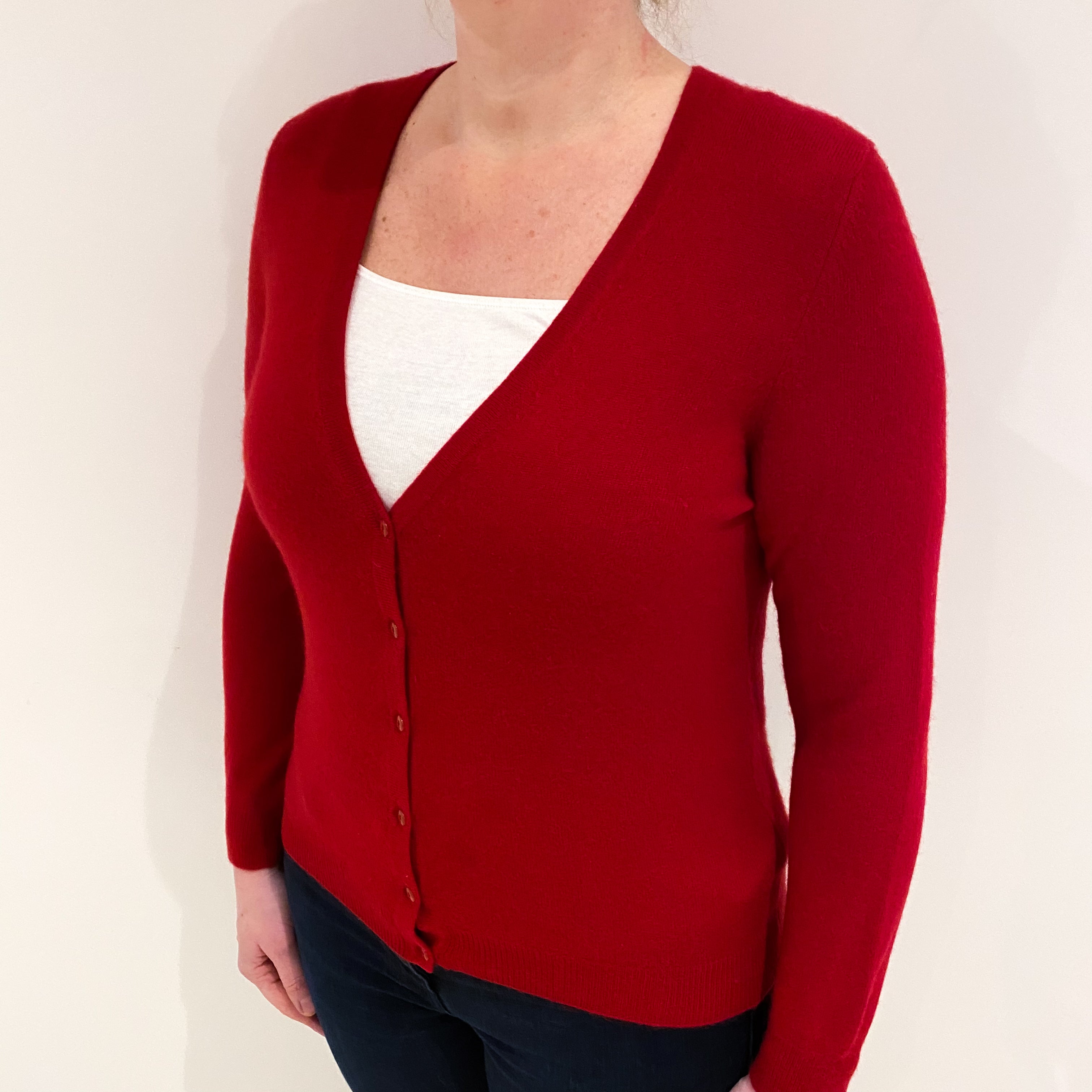 Post Box Red Cashmere V Neck Cardigan Large
