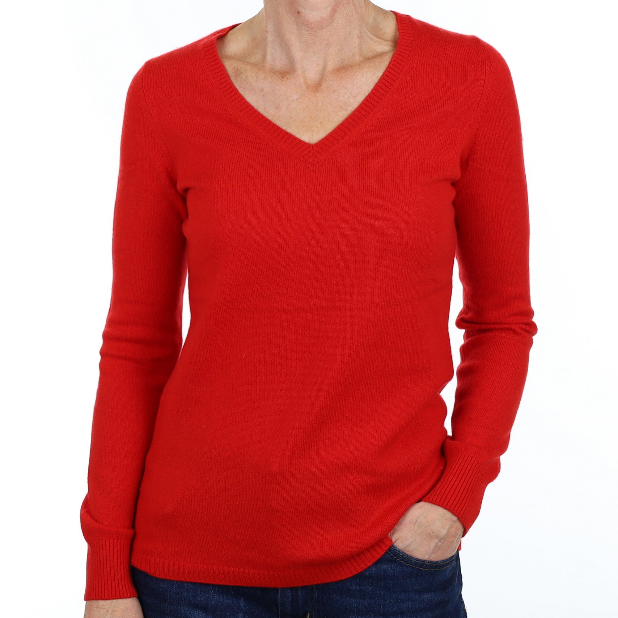 Scarlet Red Cashmere V Neck Jumper Small