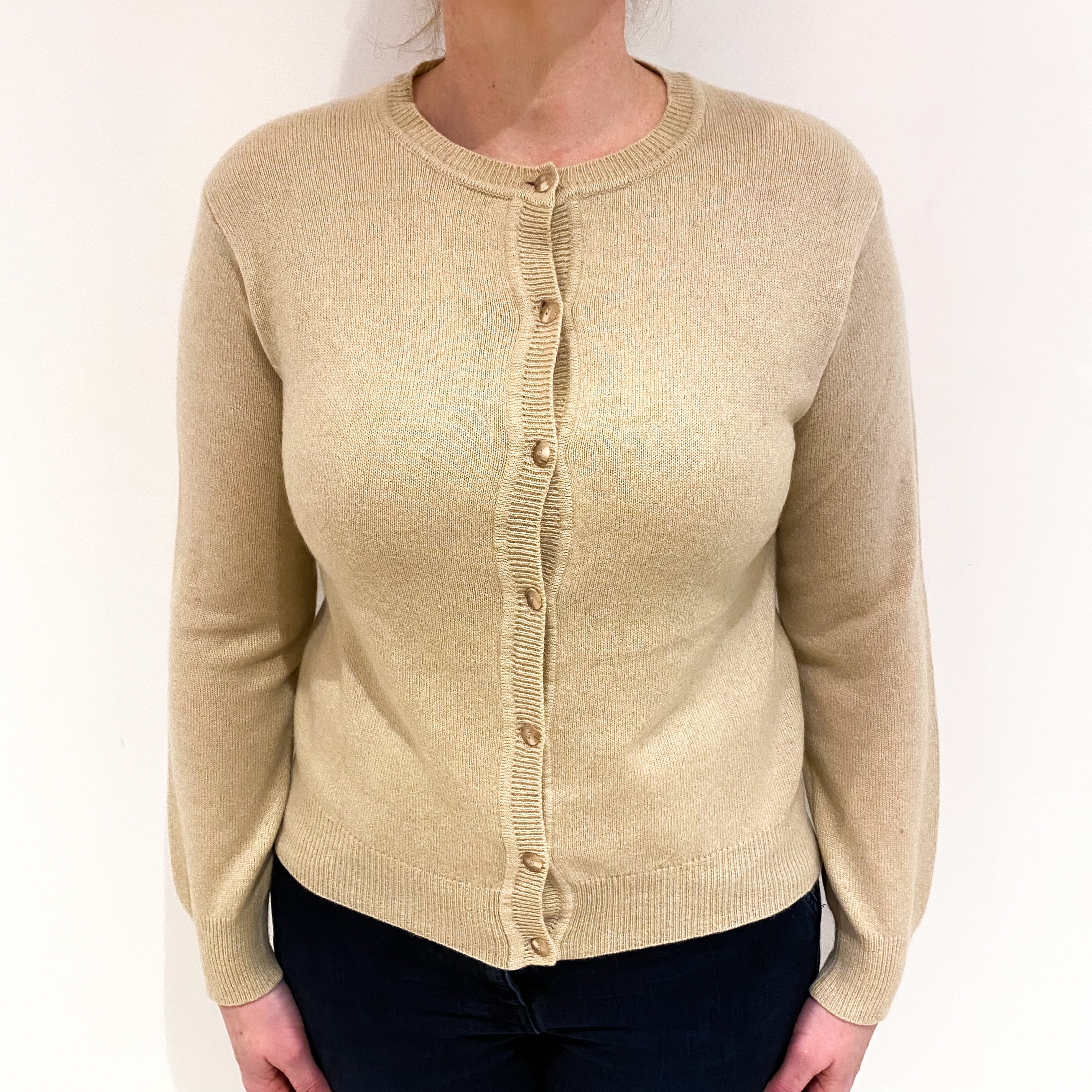 Honey Beige Cashmere Crew Neck Cardigan Large