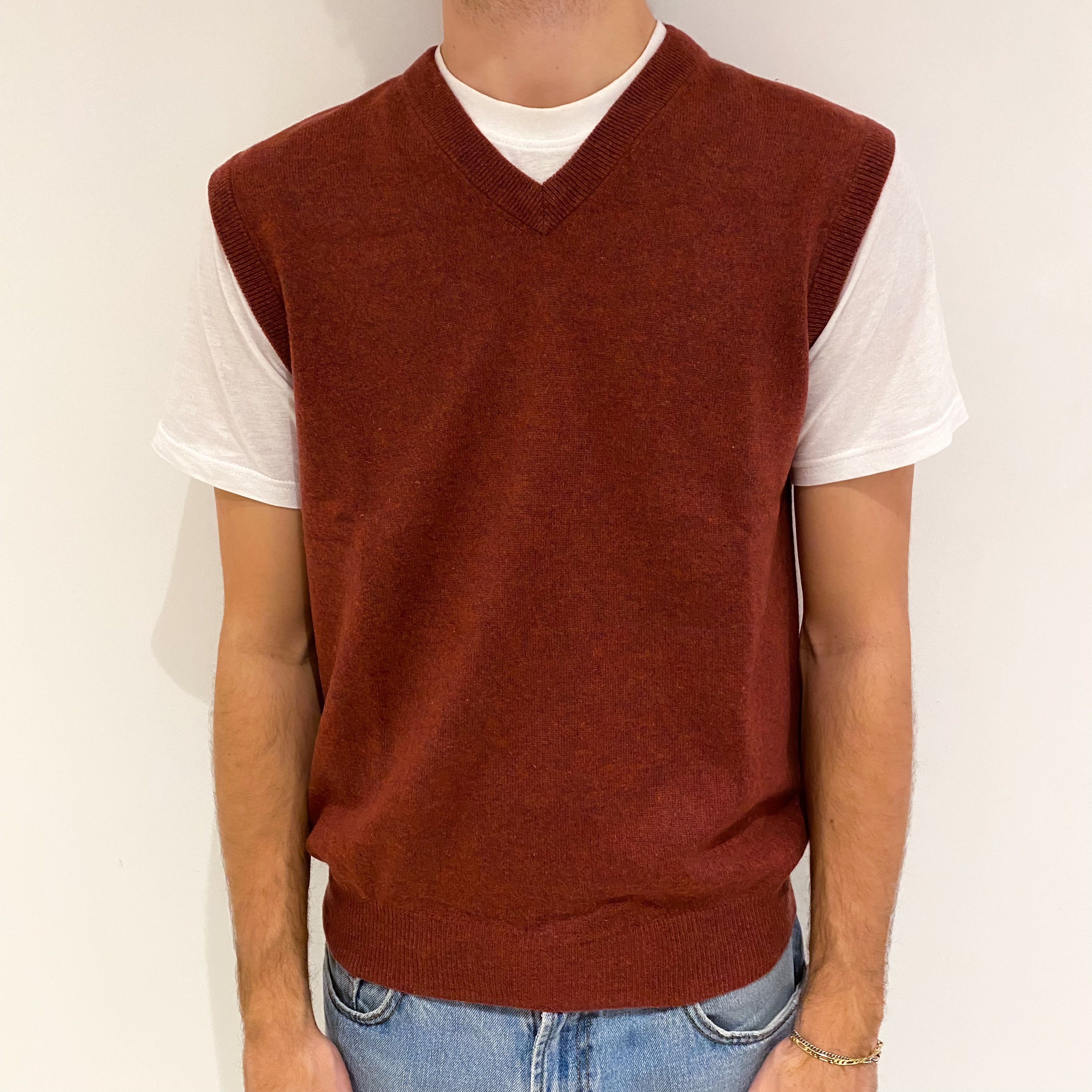 Men's Rust Red Cashmere V Neck Tank Top Large