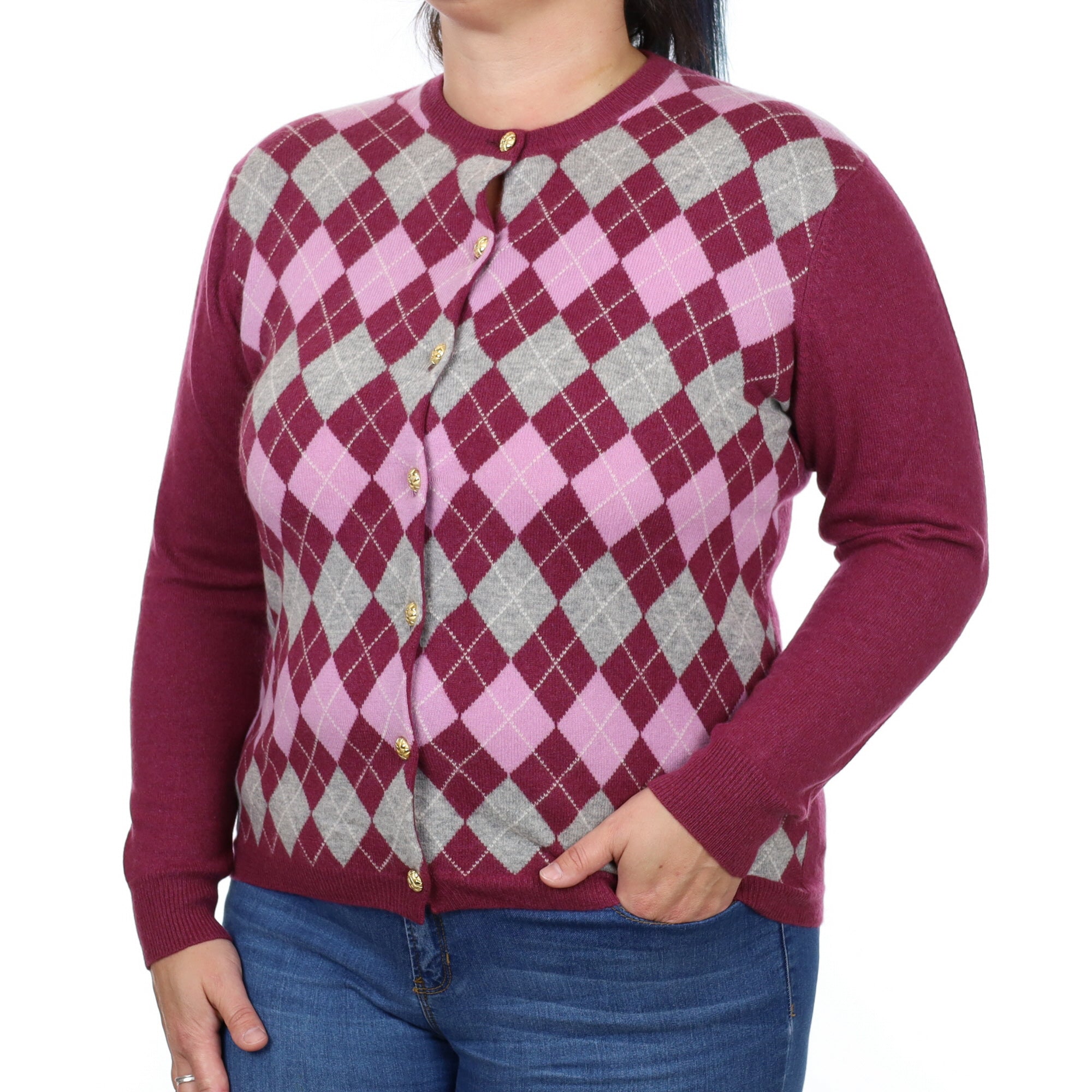 Mulberry Purple Argyle Cashmere Crew Neck Cardigan Large