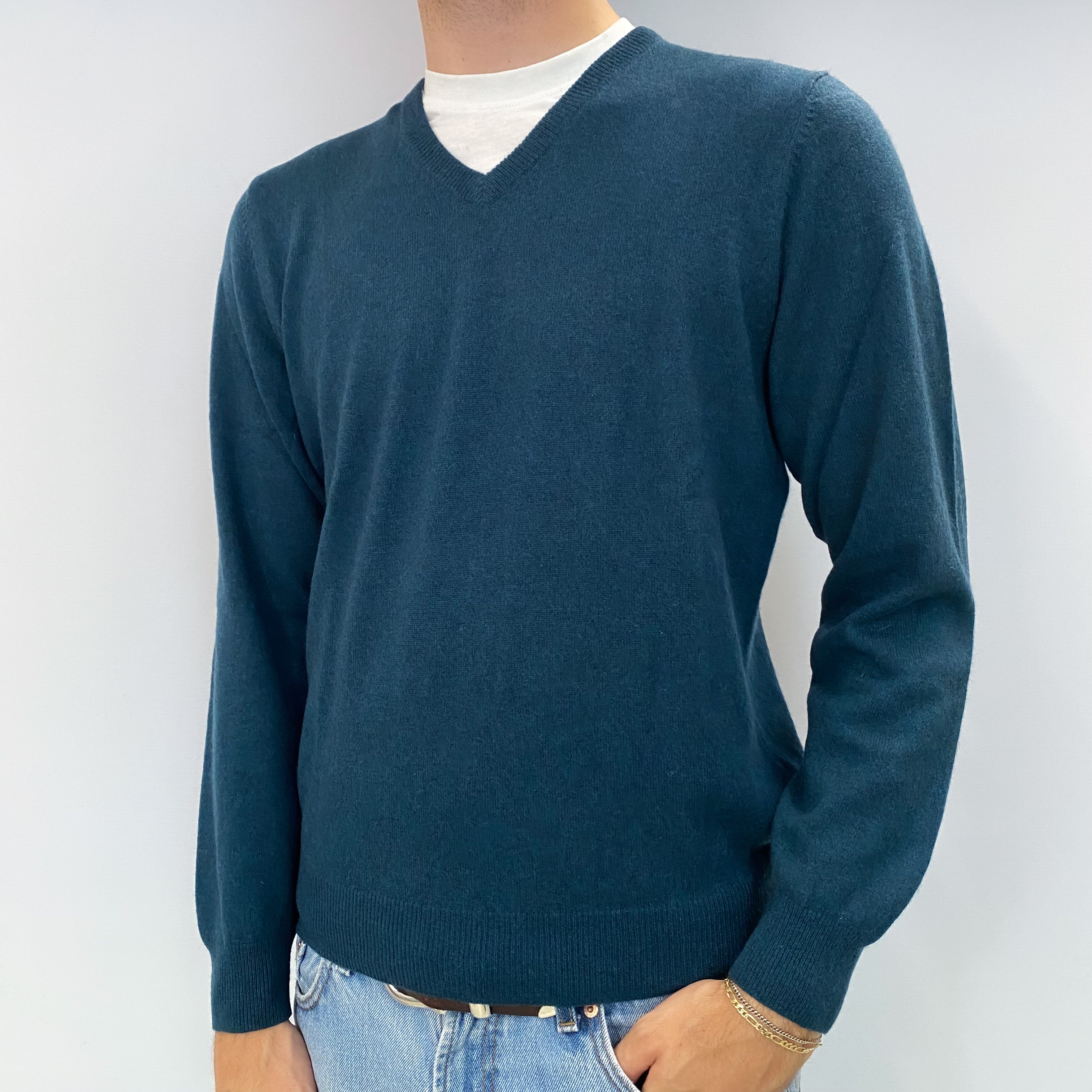 Men's Dark Teal Green Cashmere V Neck Jumper Medium