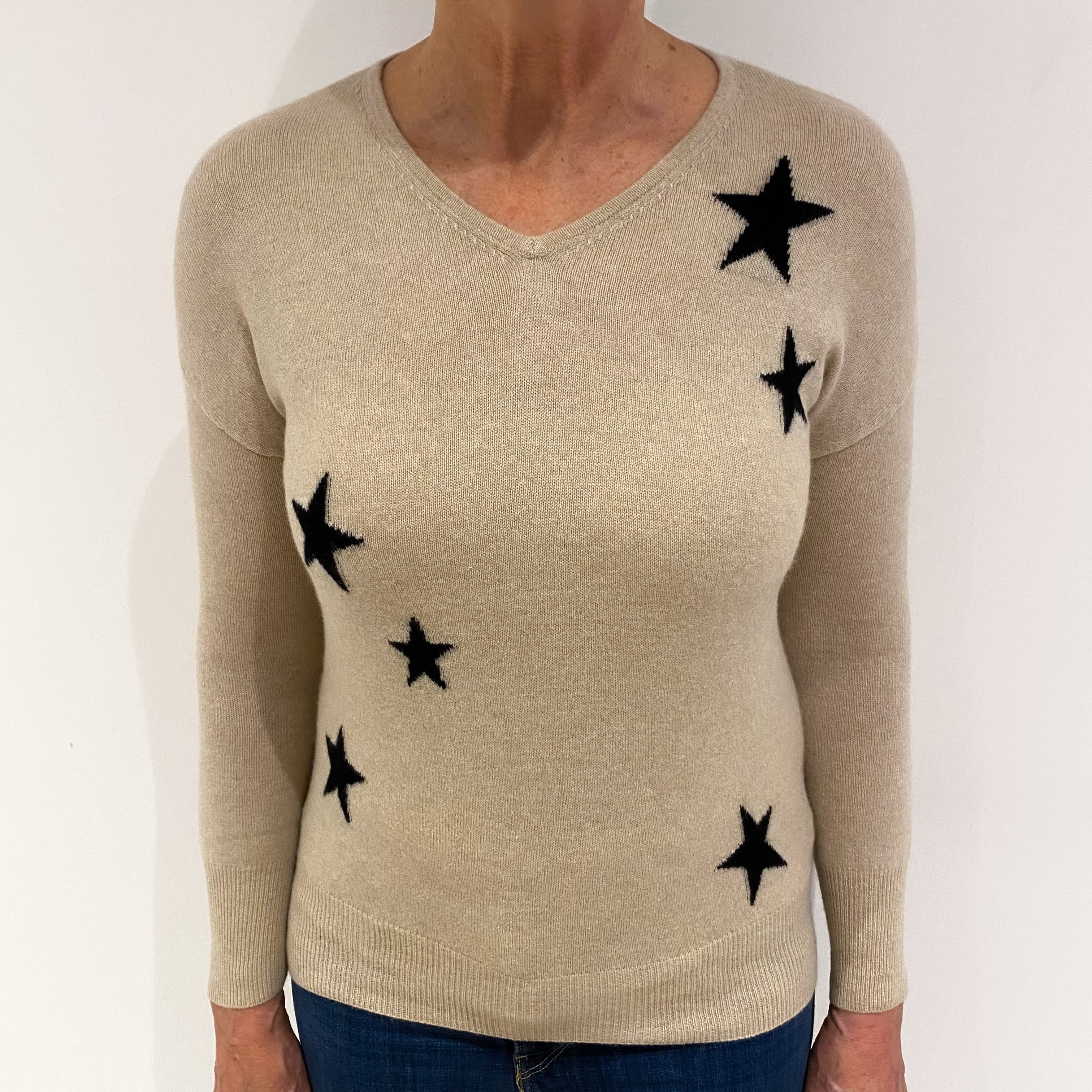 Oatmeal Cream with Black Stars Cashmere Jumper Medium