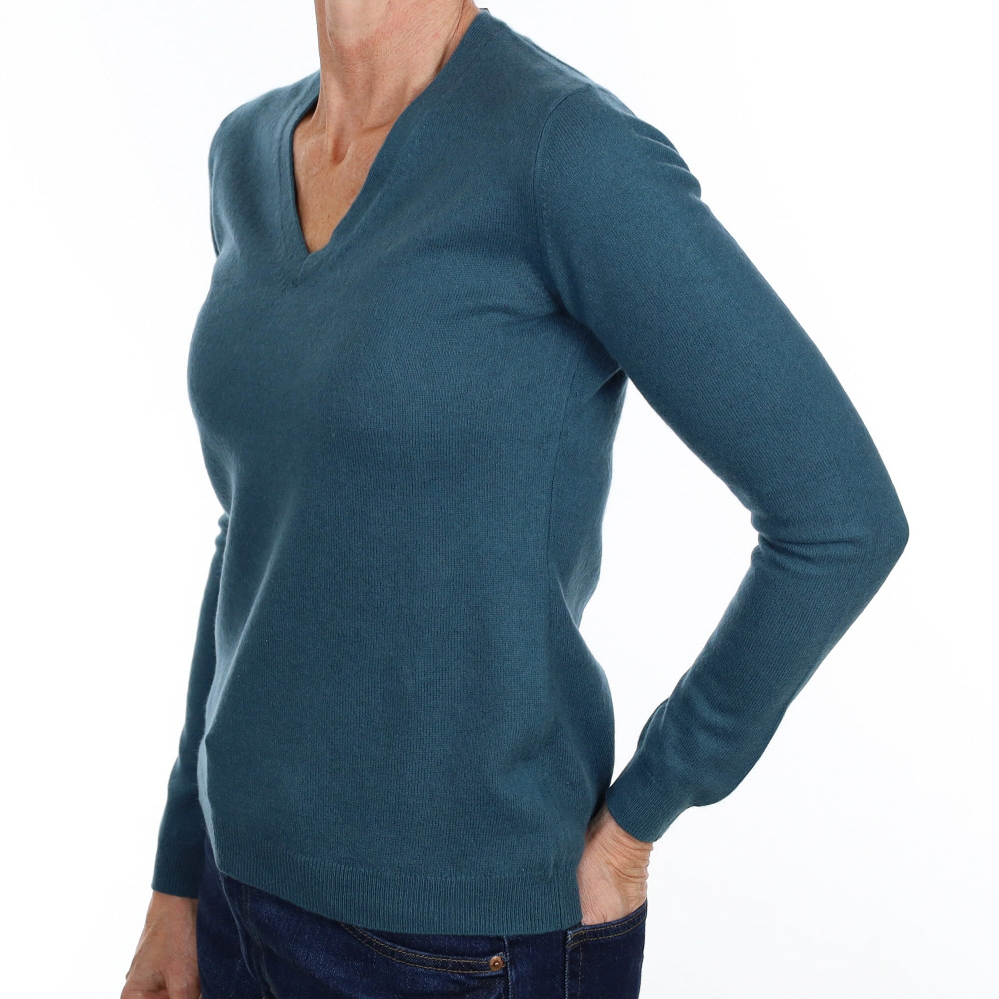 Teal Blue Cashmere V Neck Jumper Small