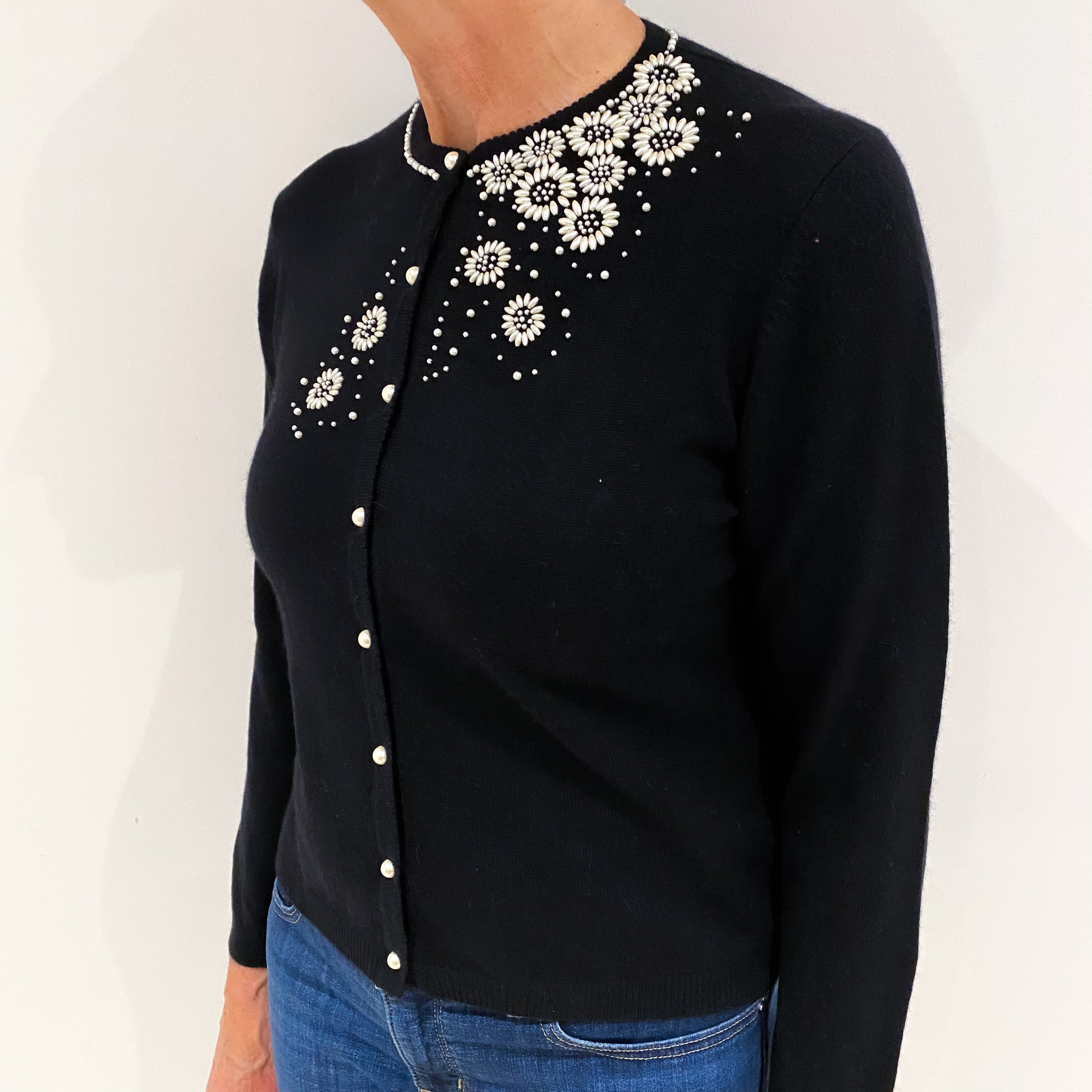 Black Embellished Crew Neck Cashmere Cardigan Medium
