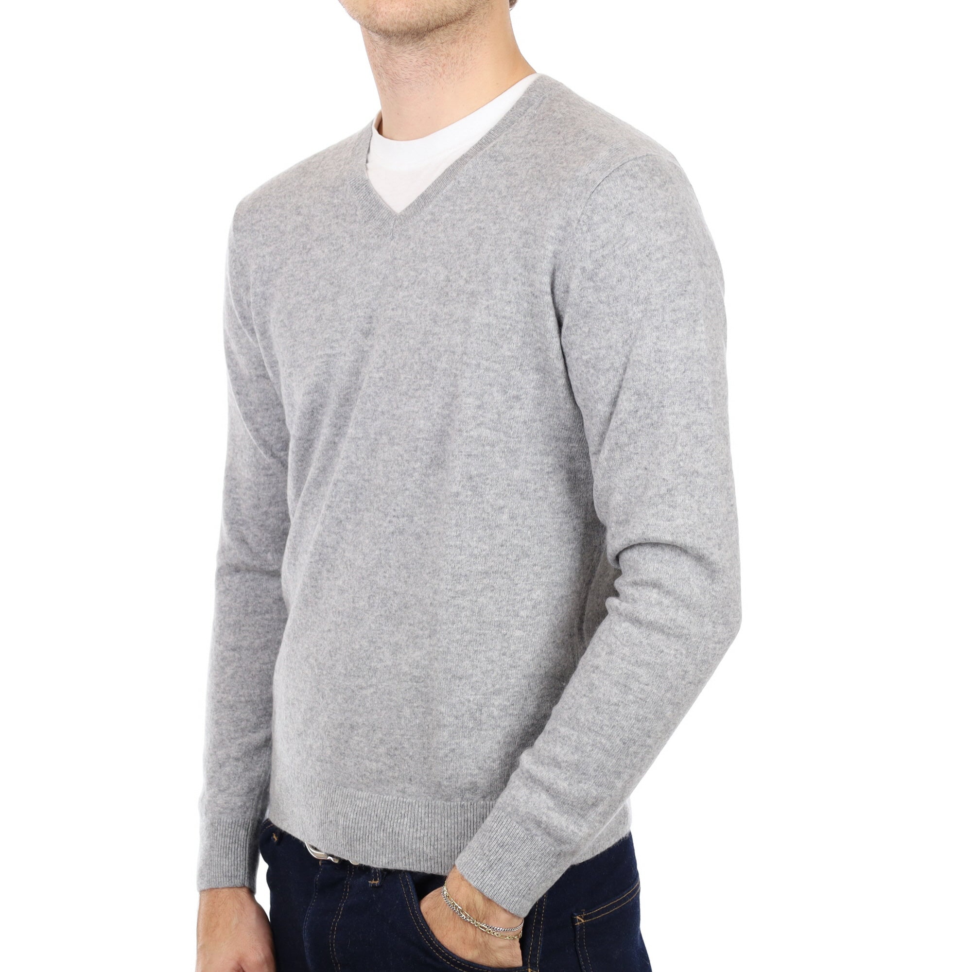 Men's Smoke Grey Cashmere V Neck Jumper Medium