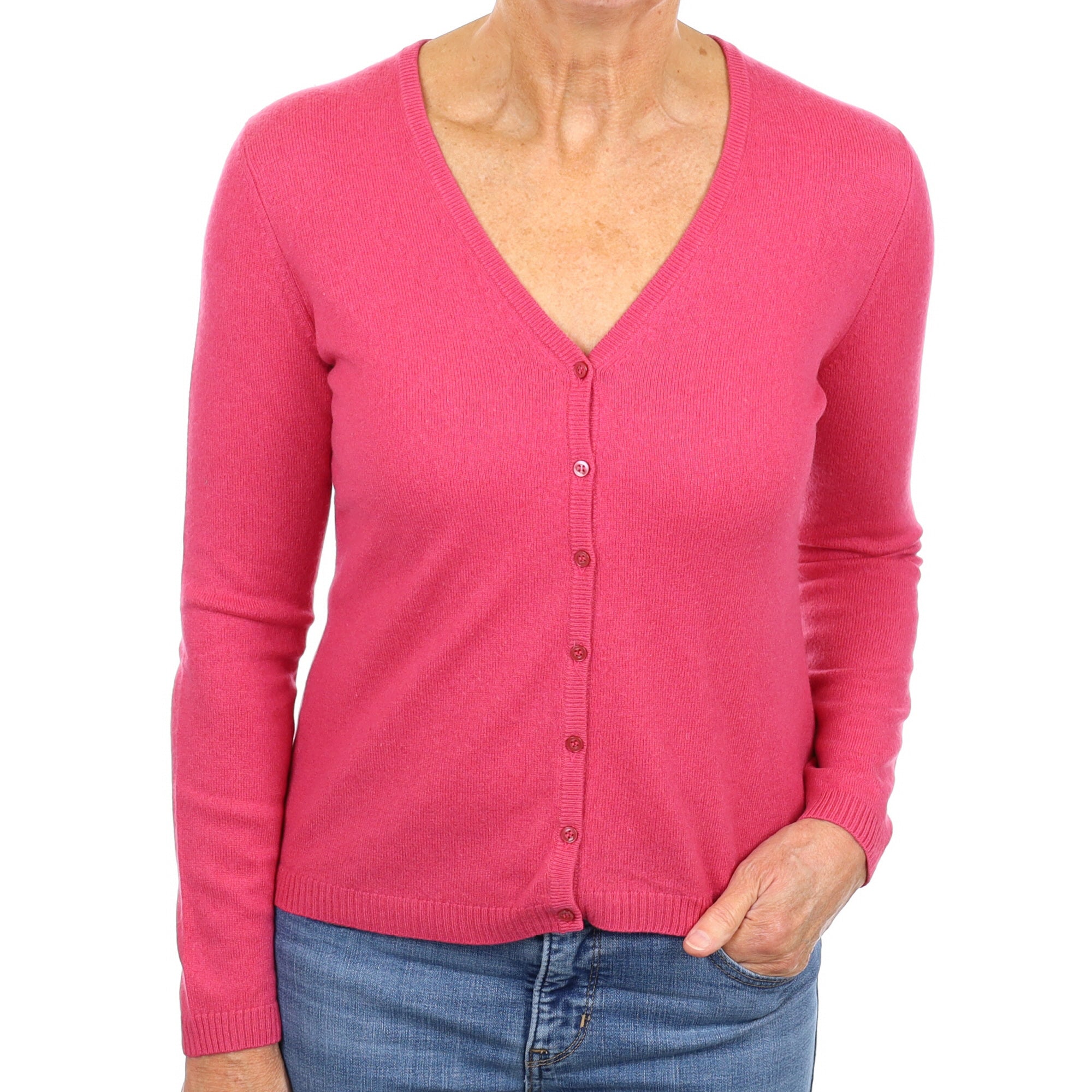 Raspberry Pink Cashmere V Neck Cardigan Medium