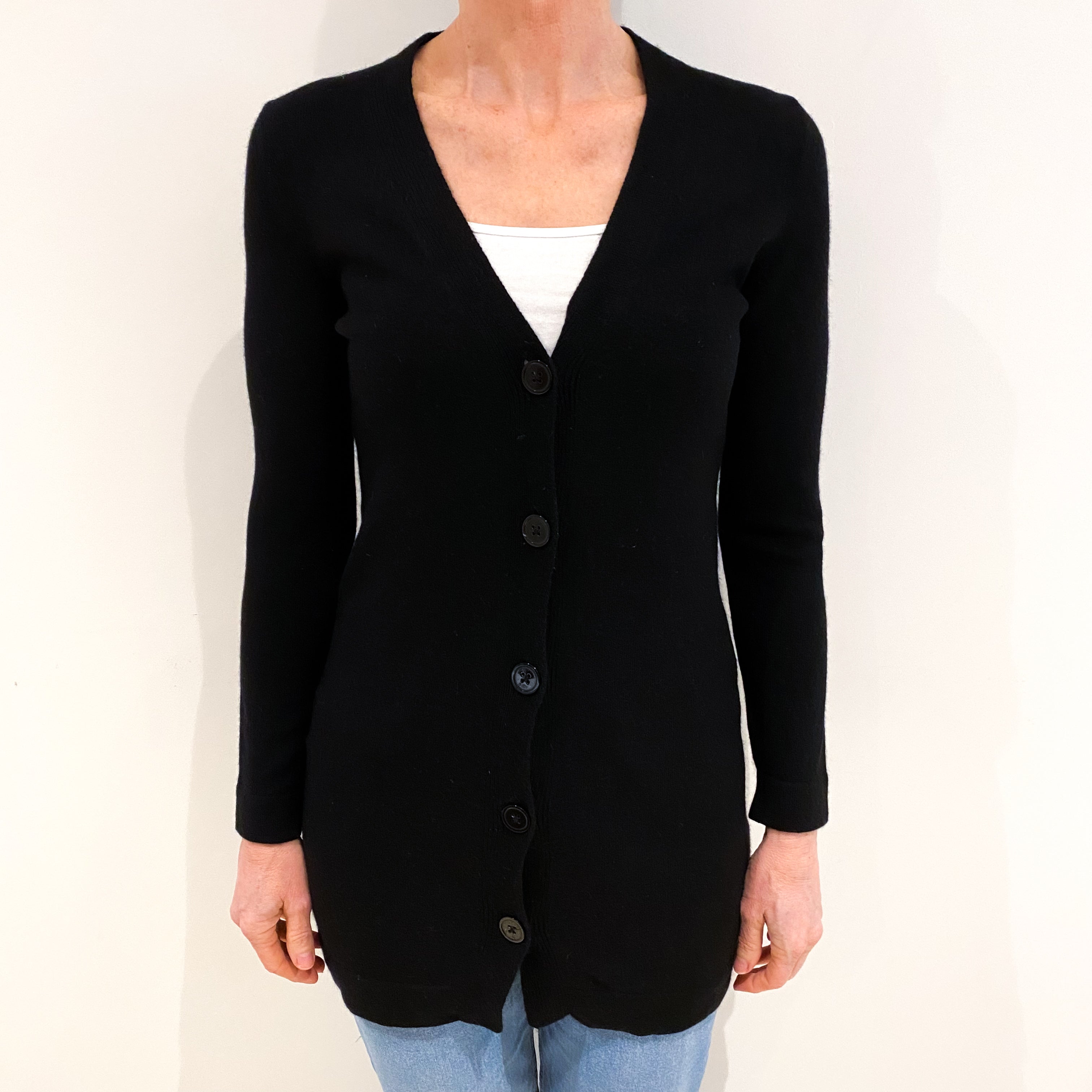 Black Longline Cashmere V Neck Cardigan Small