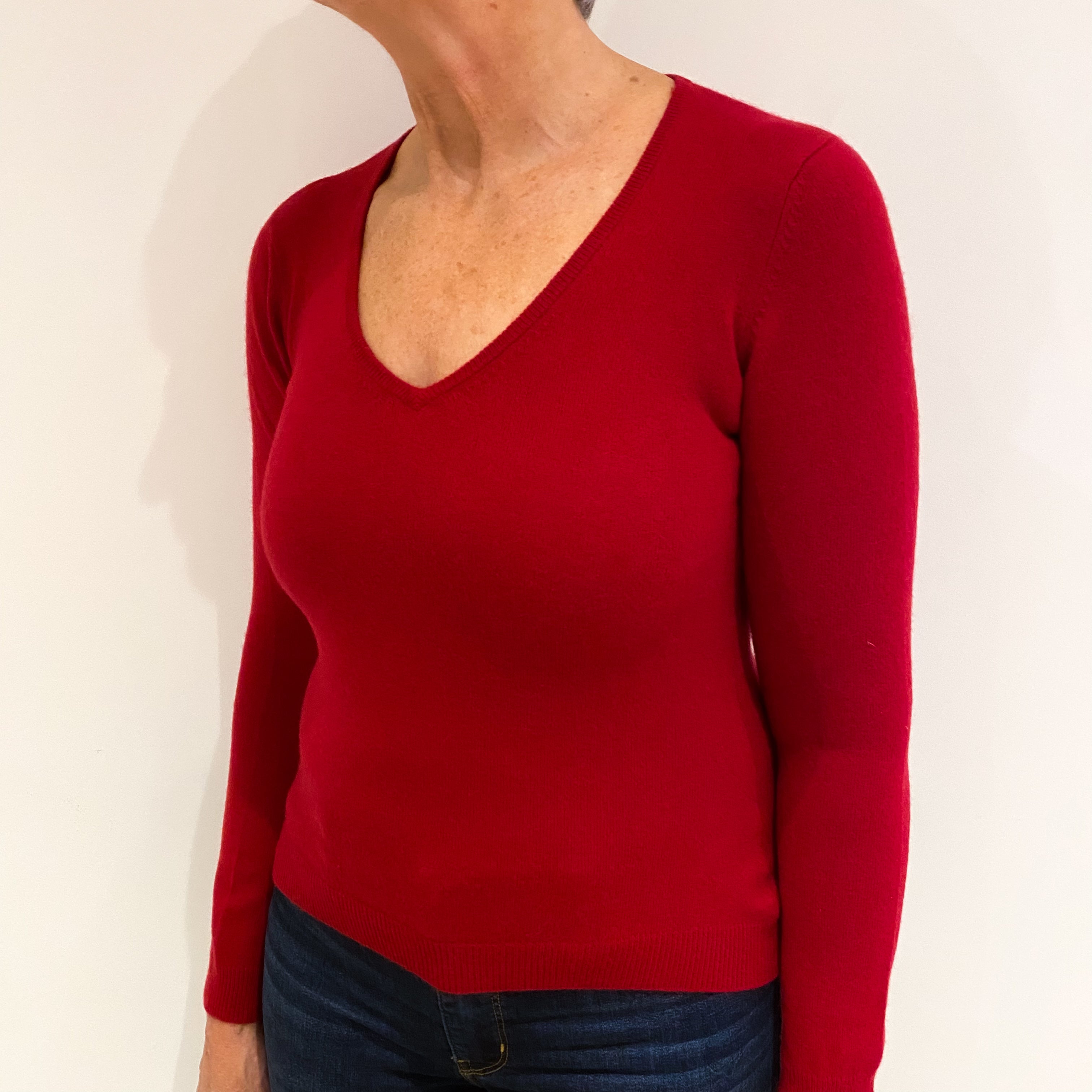 Post Box Red Cashmere V Neck Jumper Medium