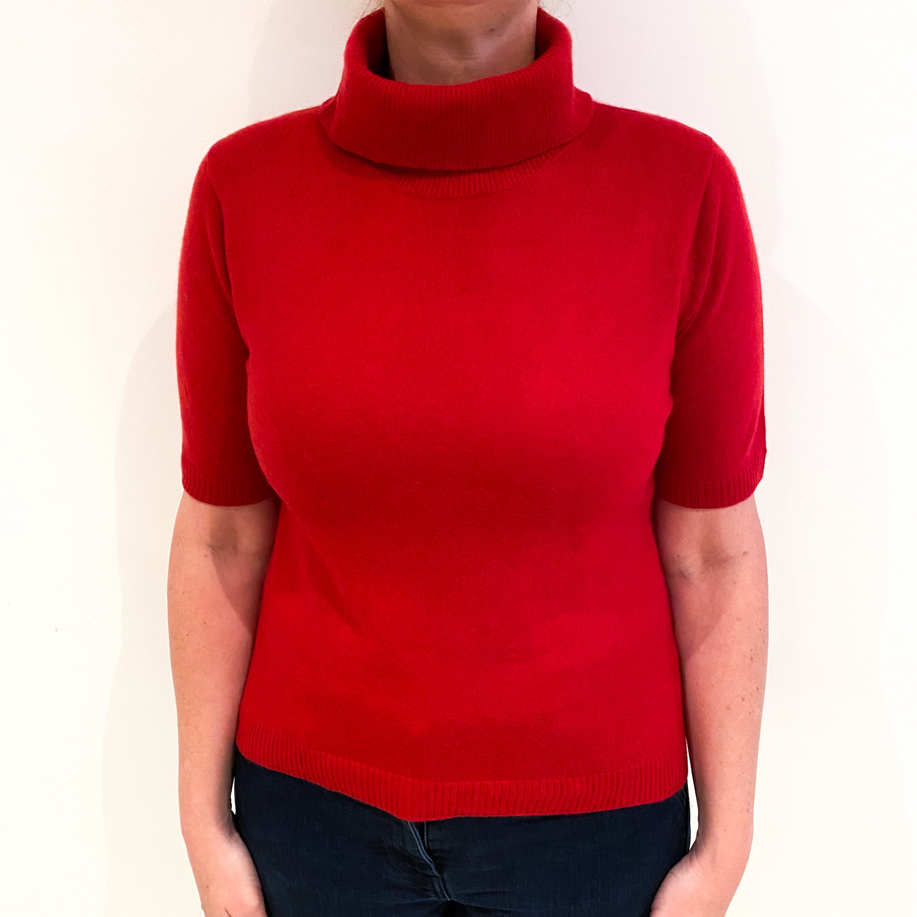 Scarlet Red Cashmere Polo Neck Short Sleeved Jumper Large