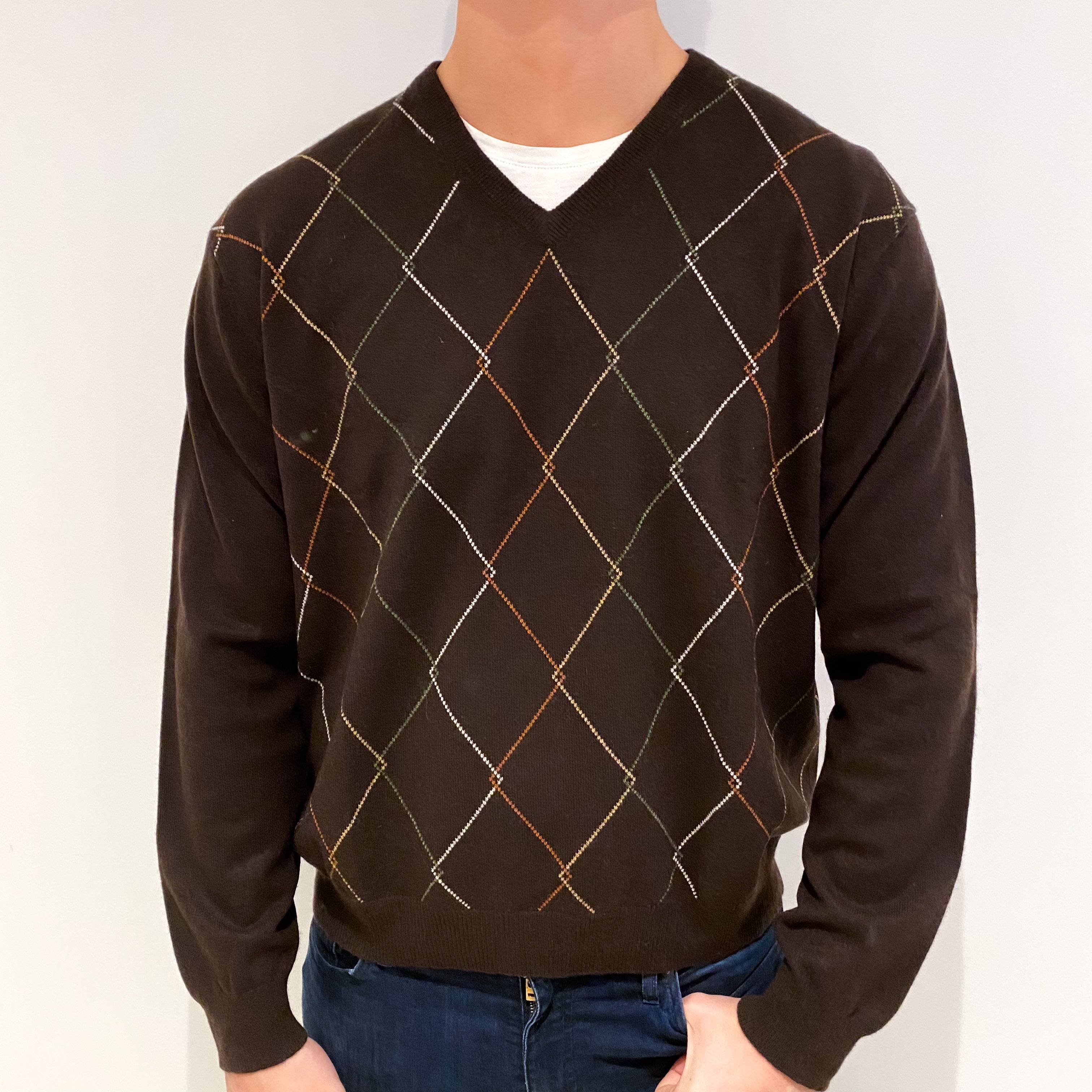 Men's Dark Chocolate Patterened Cashmere V Neck Jumper XL