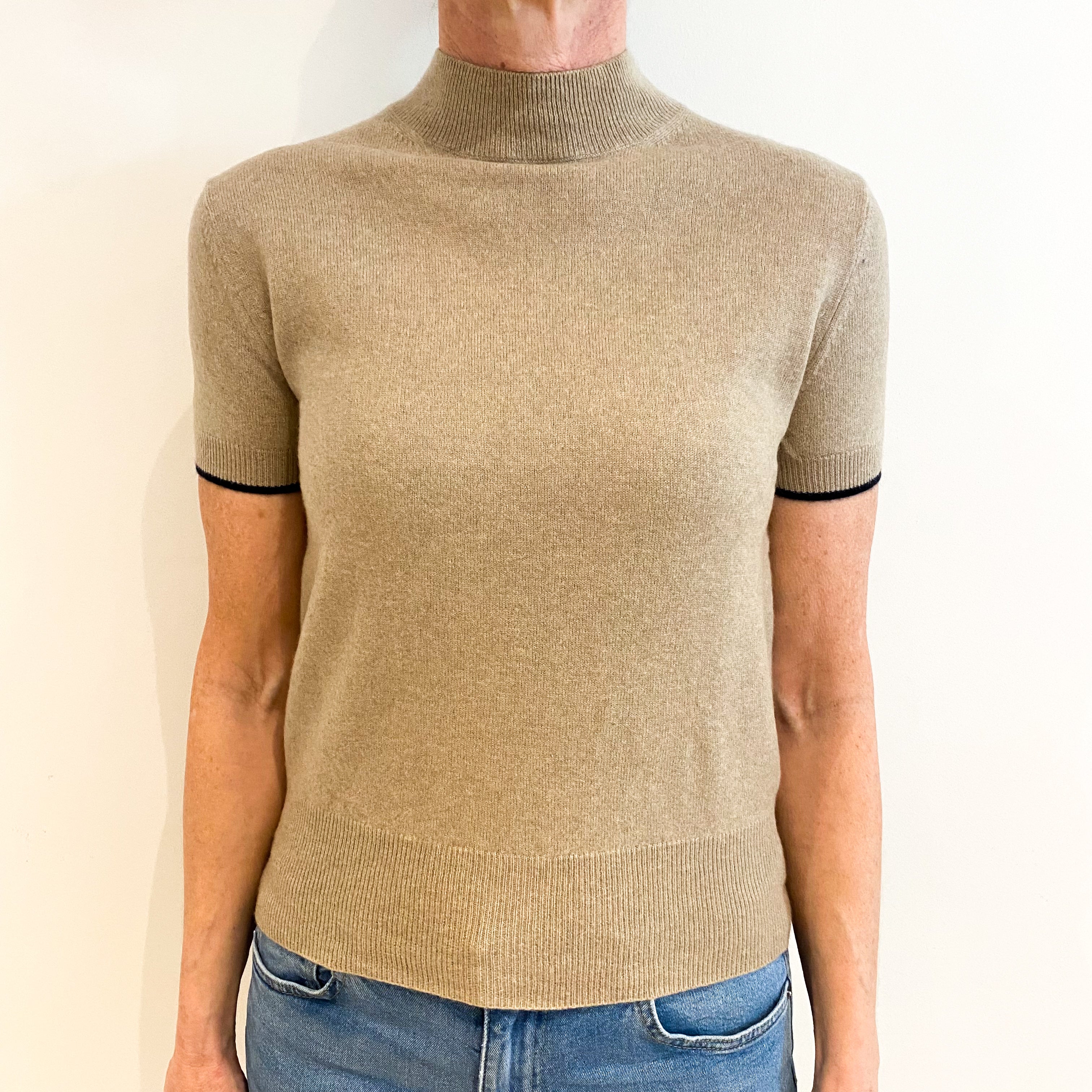 Oatmeal Beige Cashmere Turtle Neck Short Sleeved Jumper Small