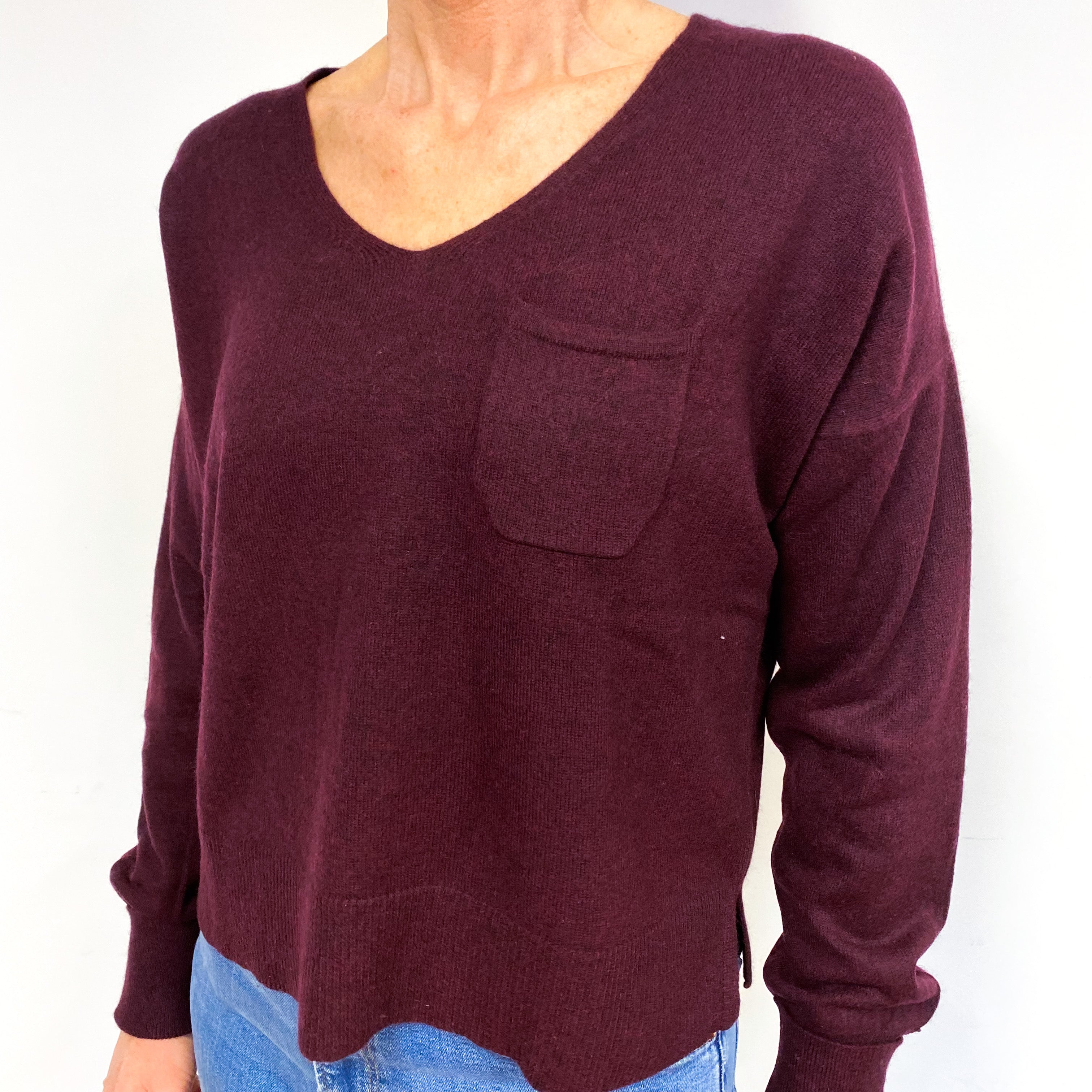 Aubergine Purple Cashmere V-Neck Jumper Medium