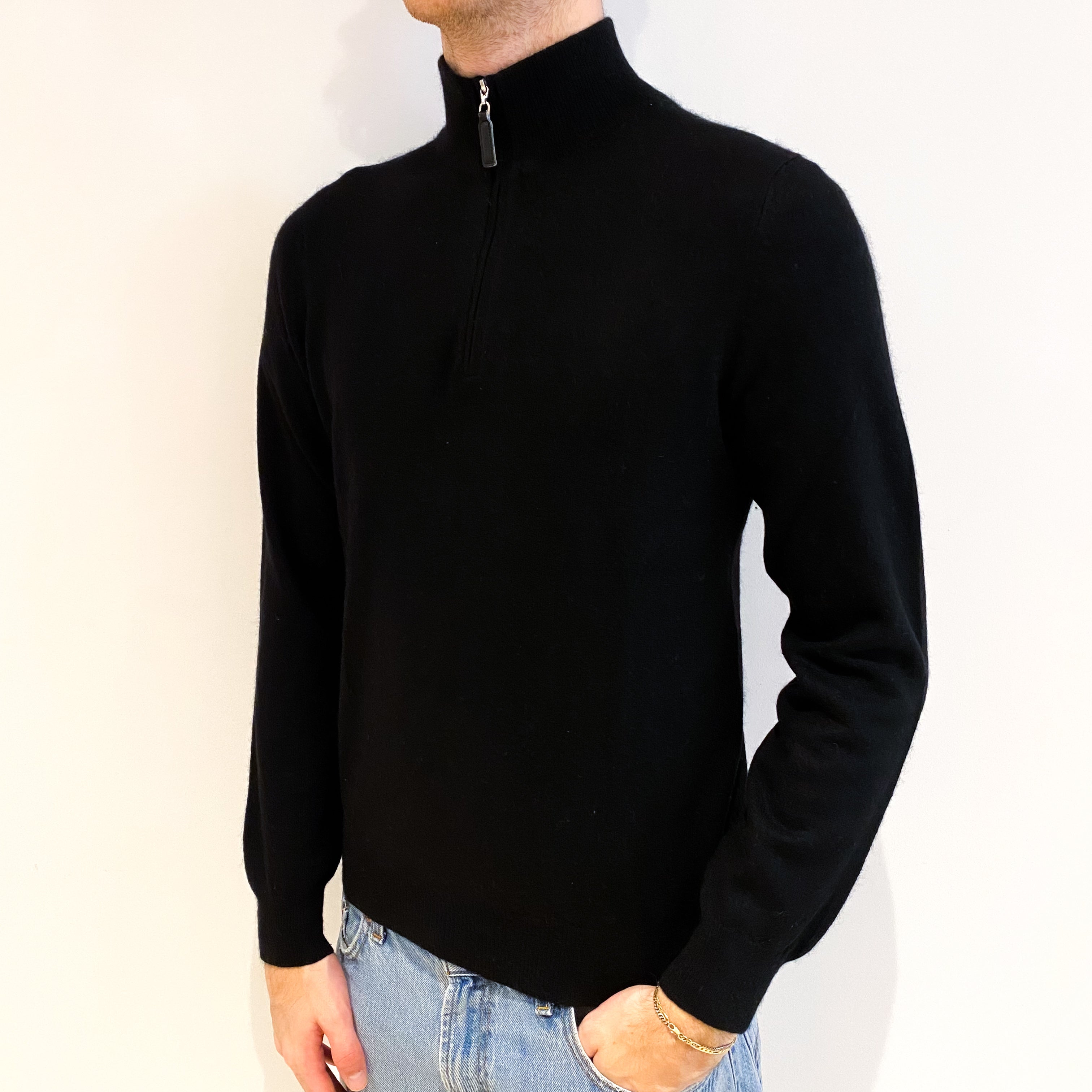 Men's Black Cashmere 3/4 Zip V Neck Jumper Medium