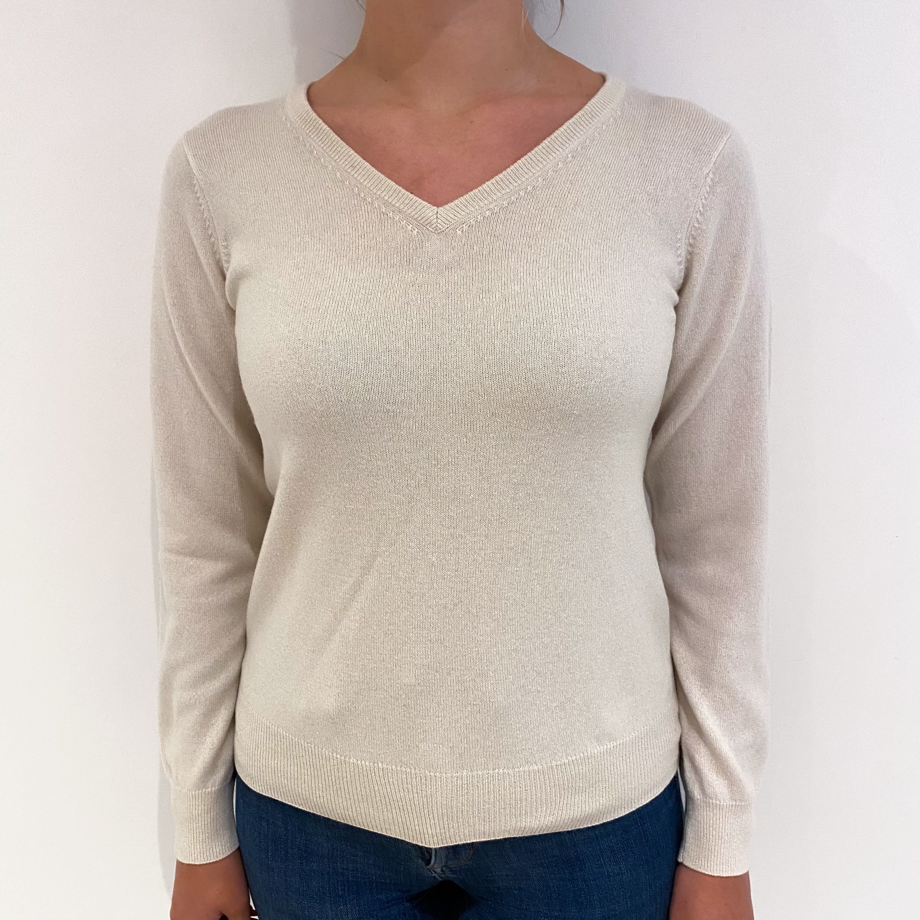 Ivory Cream Cashmere V Neck Jumper Small