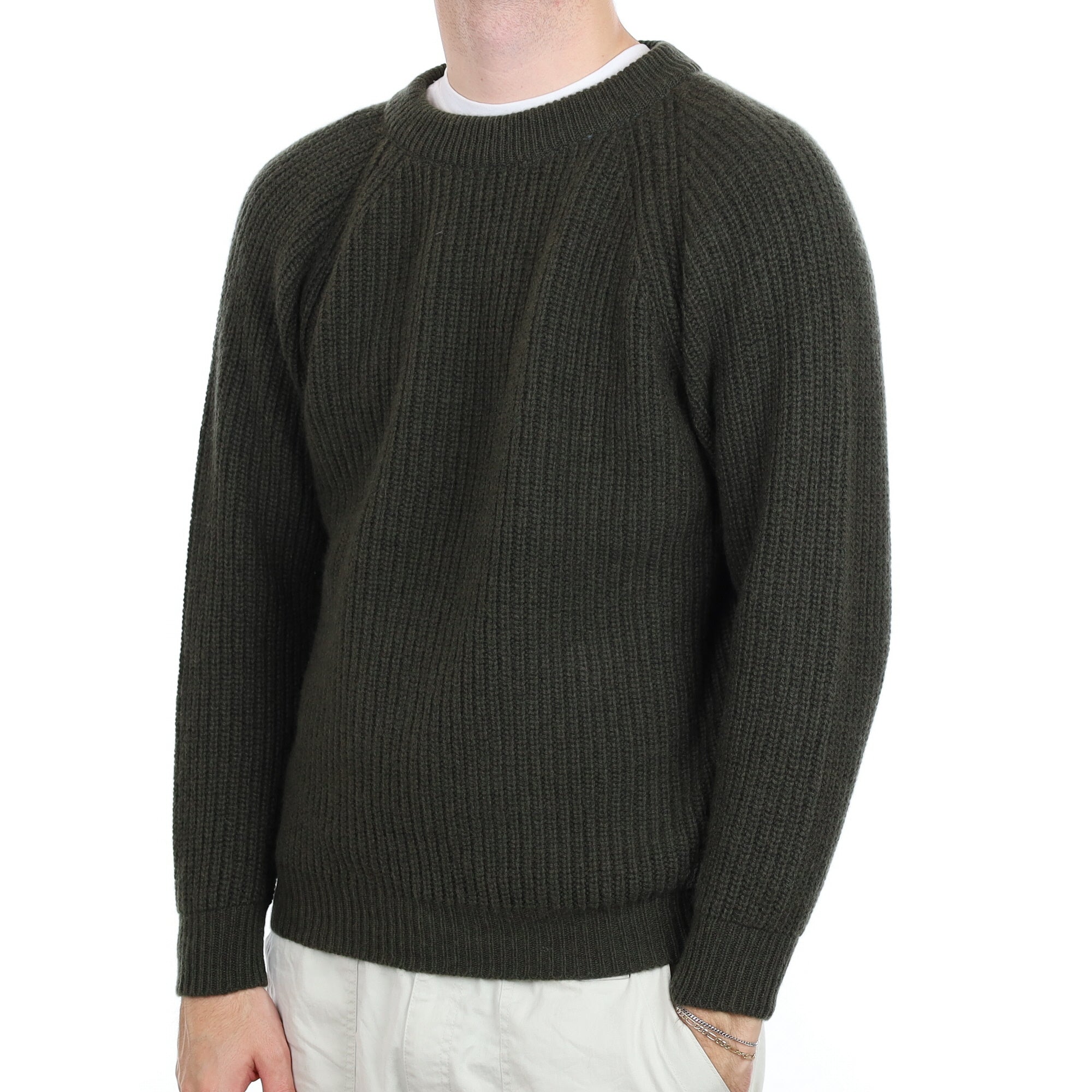 Men's Brand New Scottish Khaki Chunky Rib Cashmere Crew Neck Jumper Large