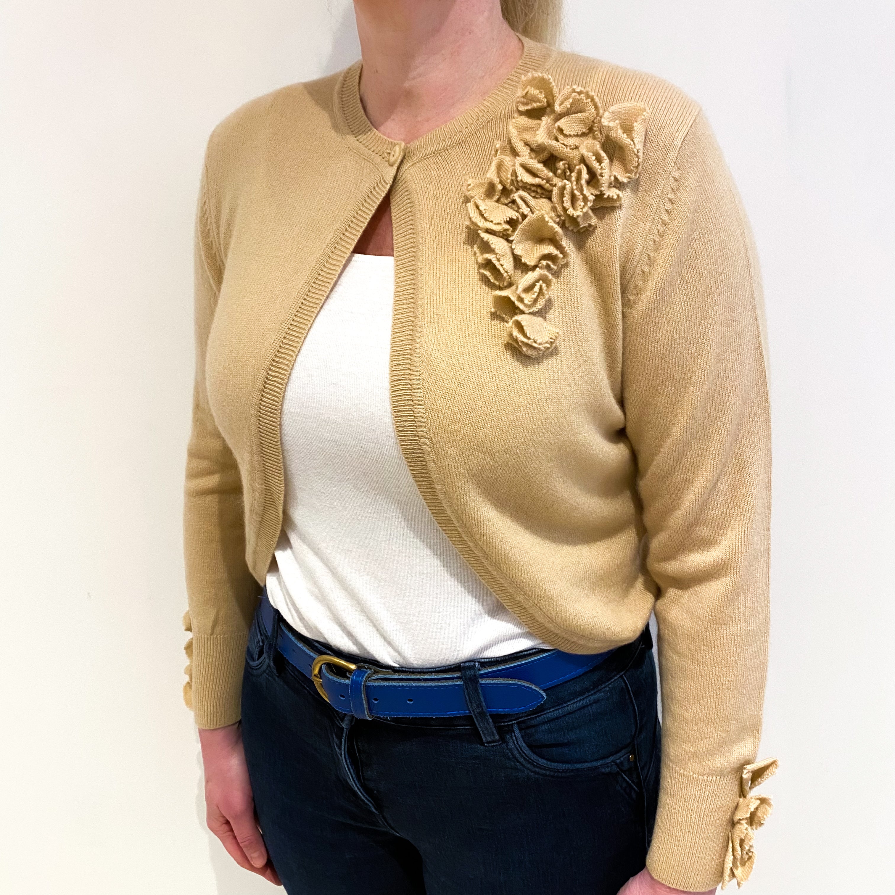 Latte Beige Cashmere Crew Neck Cropped Cardigan Large