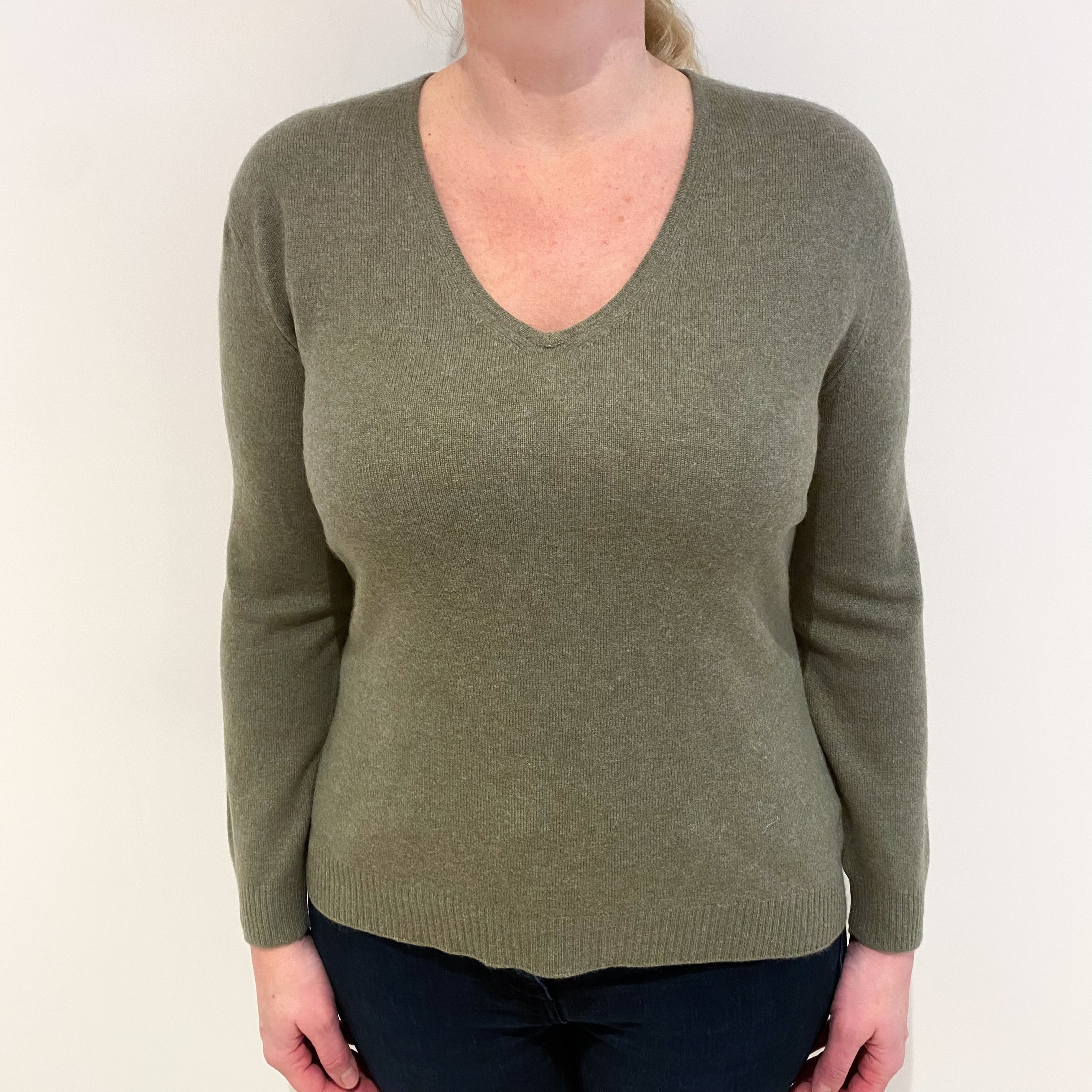 Olive Green Cashmere V Neck Jumper Large