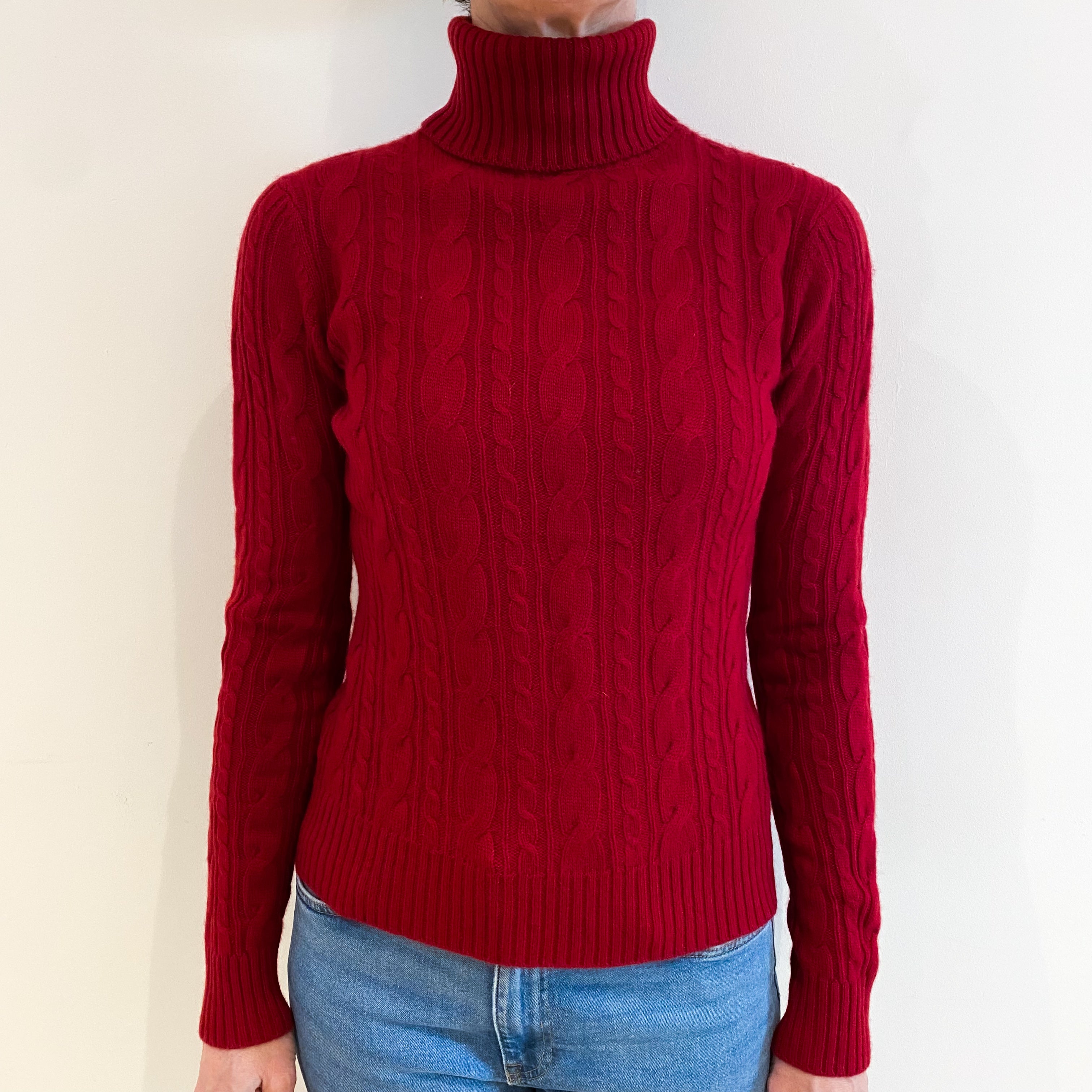 Crimson Red Cable Cashmere Polo Neck Jumper Small