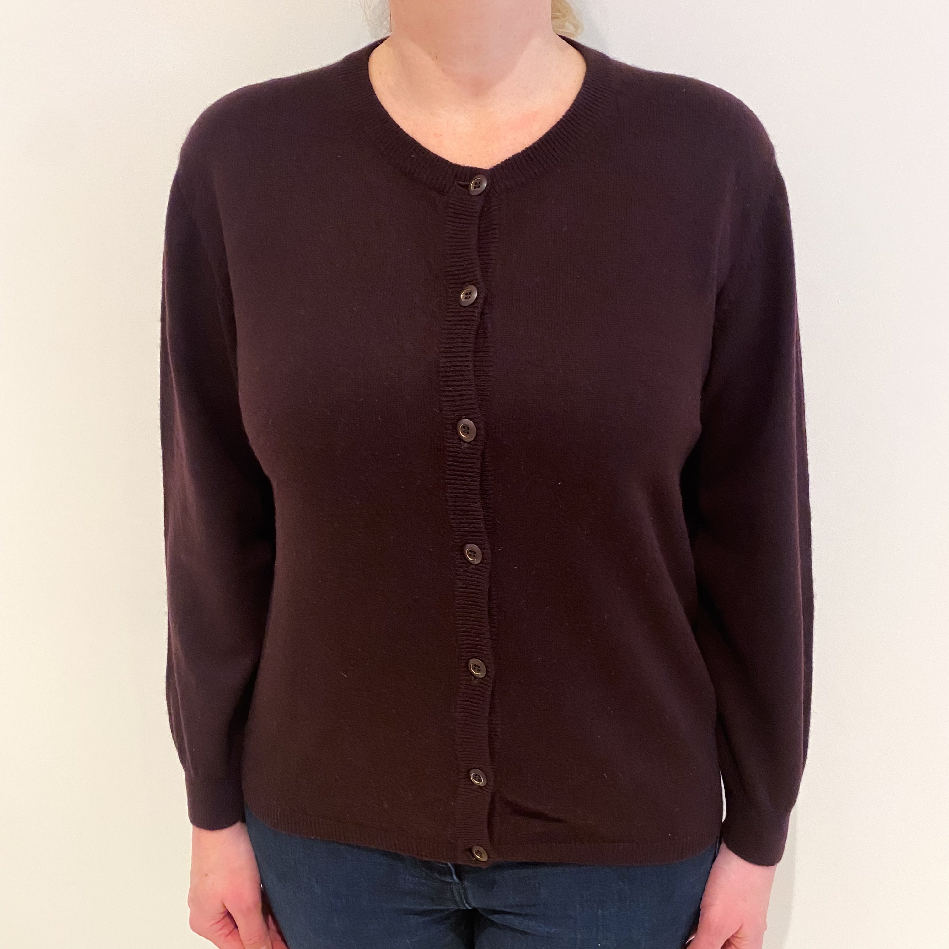 Dark Aubergine Purple Cashmere Crew Neck Cardigan Large
