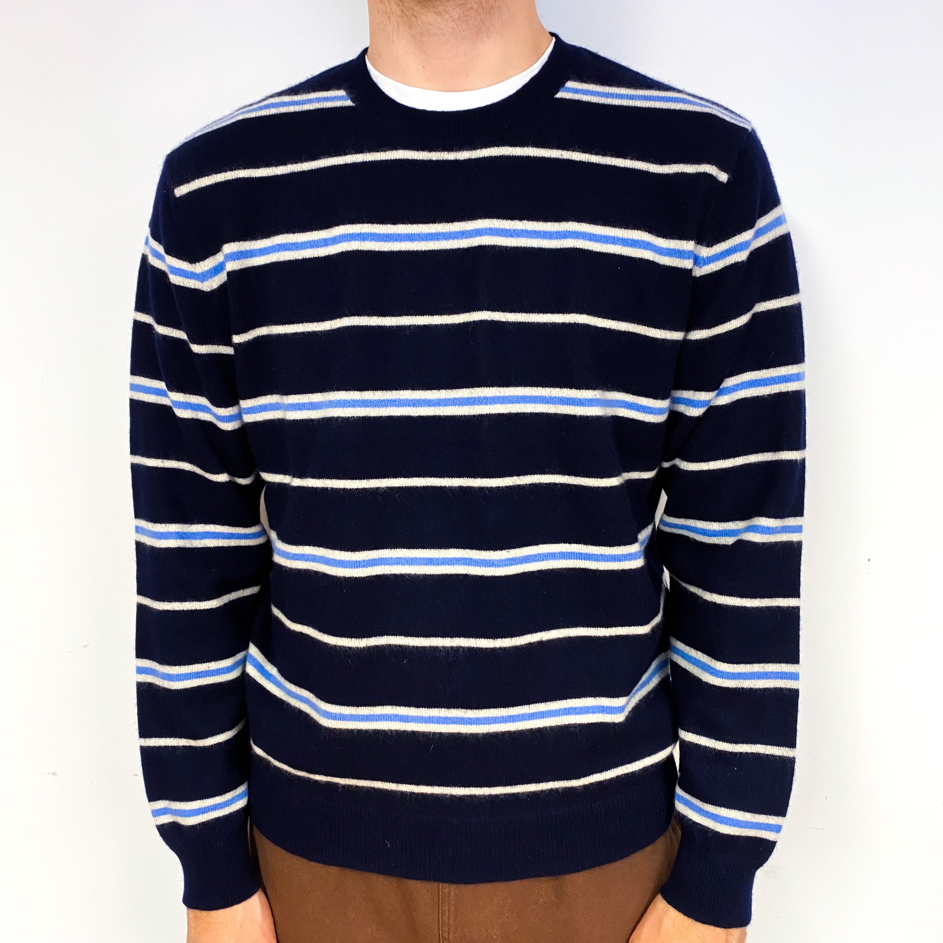 Men's Navy Blue Stripe Cashmere Crew Neck Jumper Large
