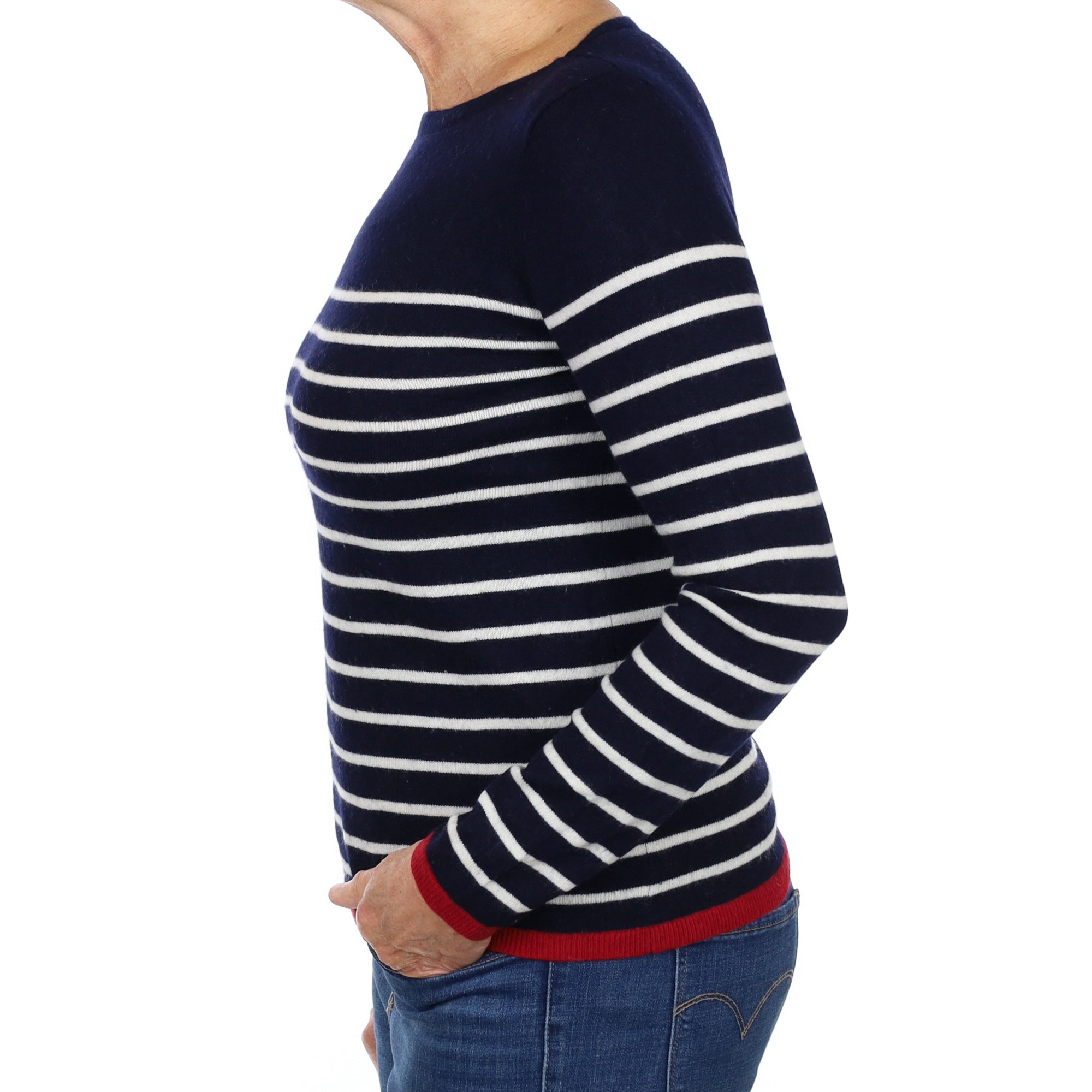 Navy and Cream Striped Cashmere Slash Neck Jumper Medium