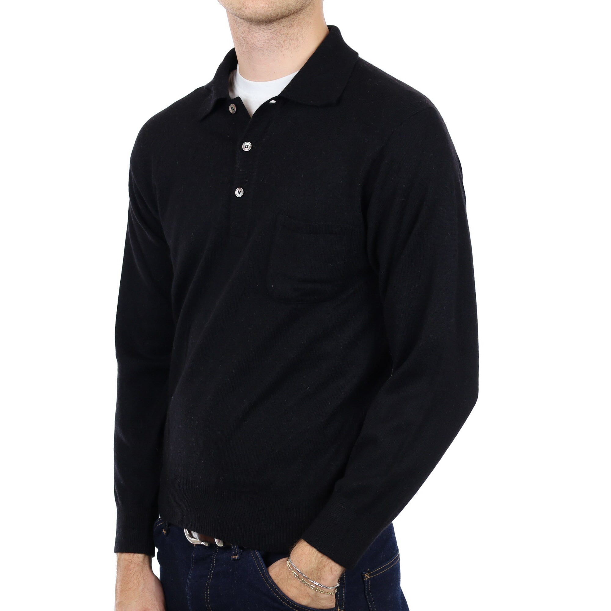 Men's Black Cashmere Collared 1/4 Button Neck Jumper Medium