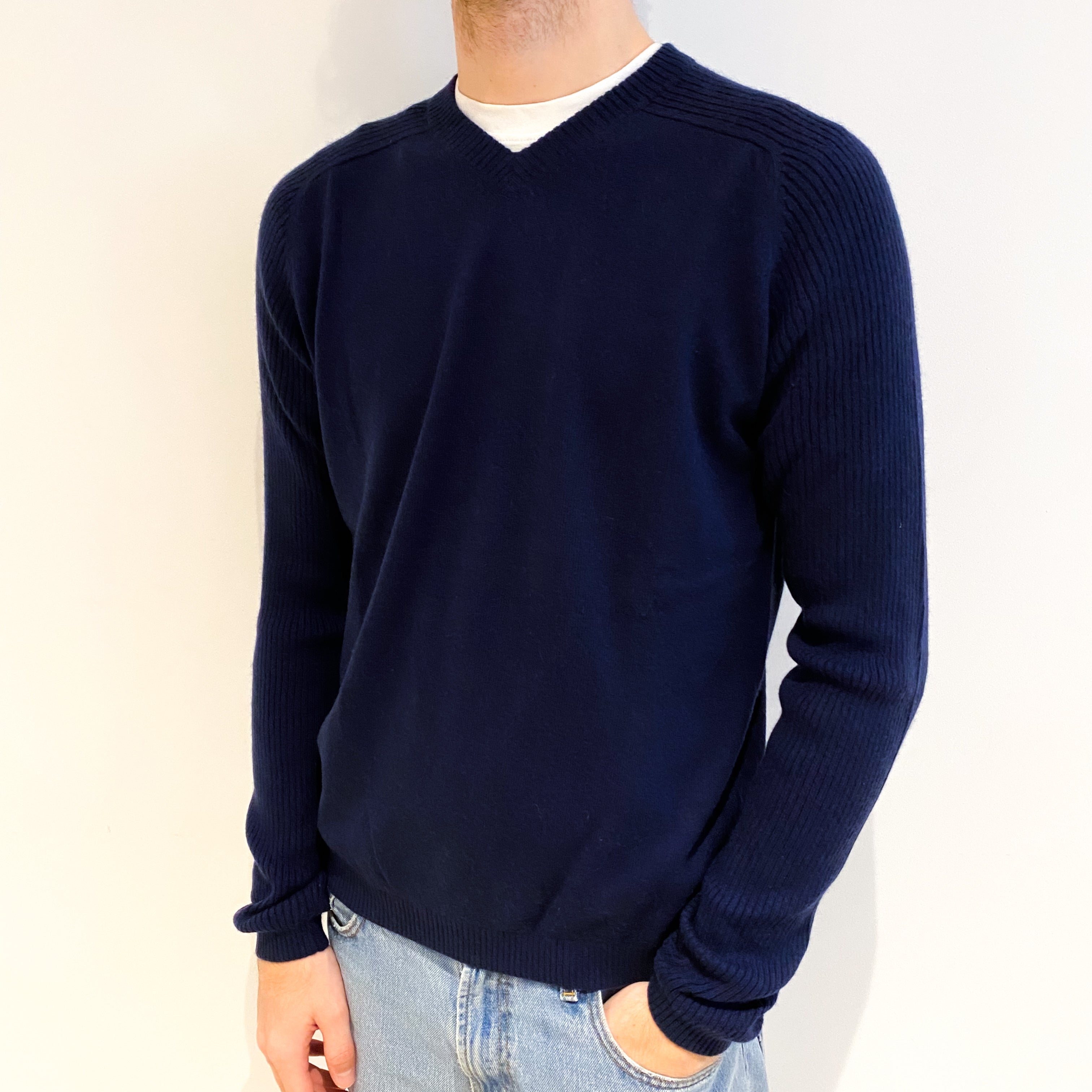 Men's Navy Blue Cashmere V Neck Jumper Large