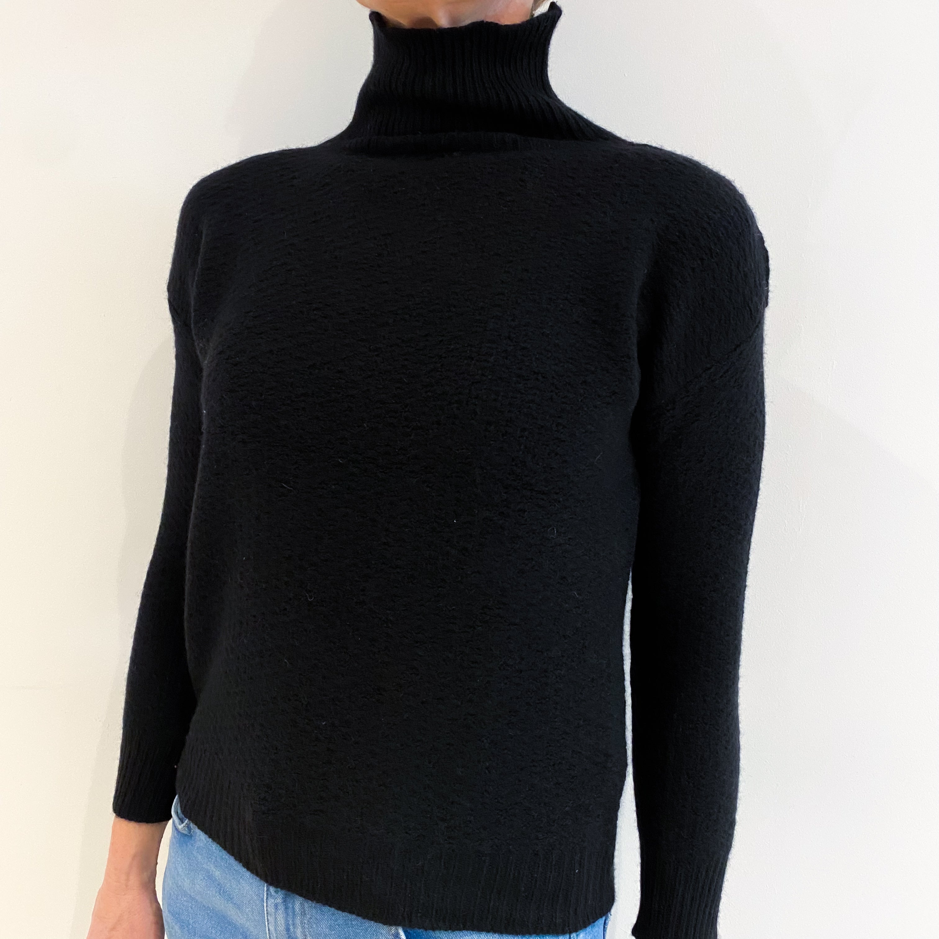 Black Textured Cashmere Funnel Neck Jumper Small
