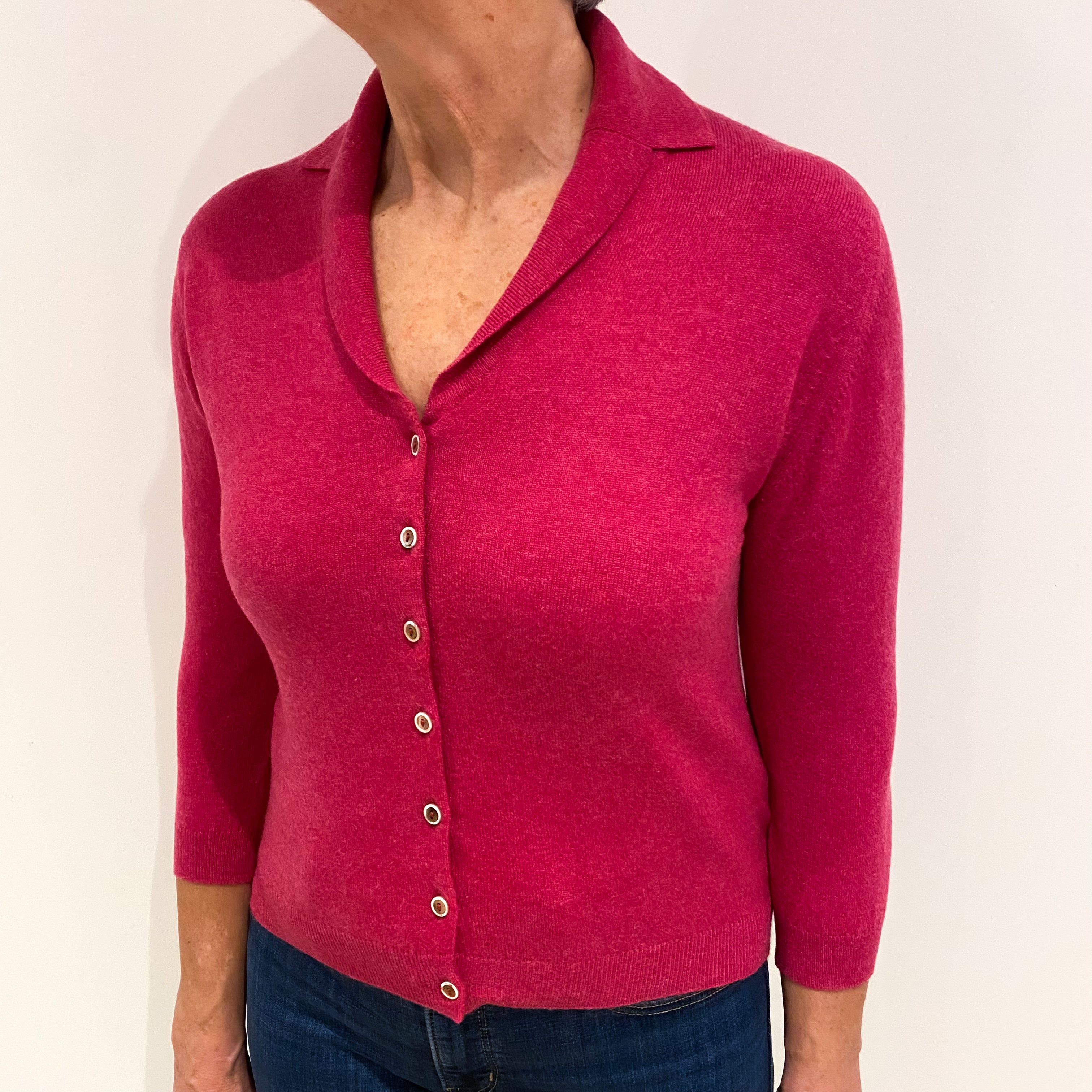 Brora Raspberry Pink Cashmere Collared V Neck Cardigan Medium