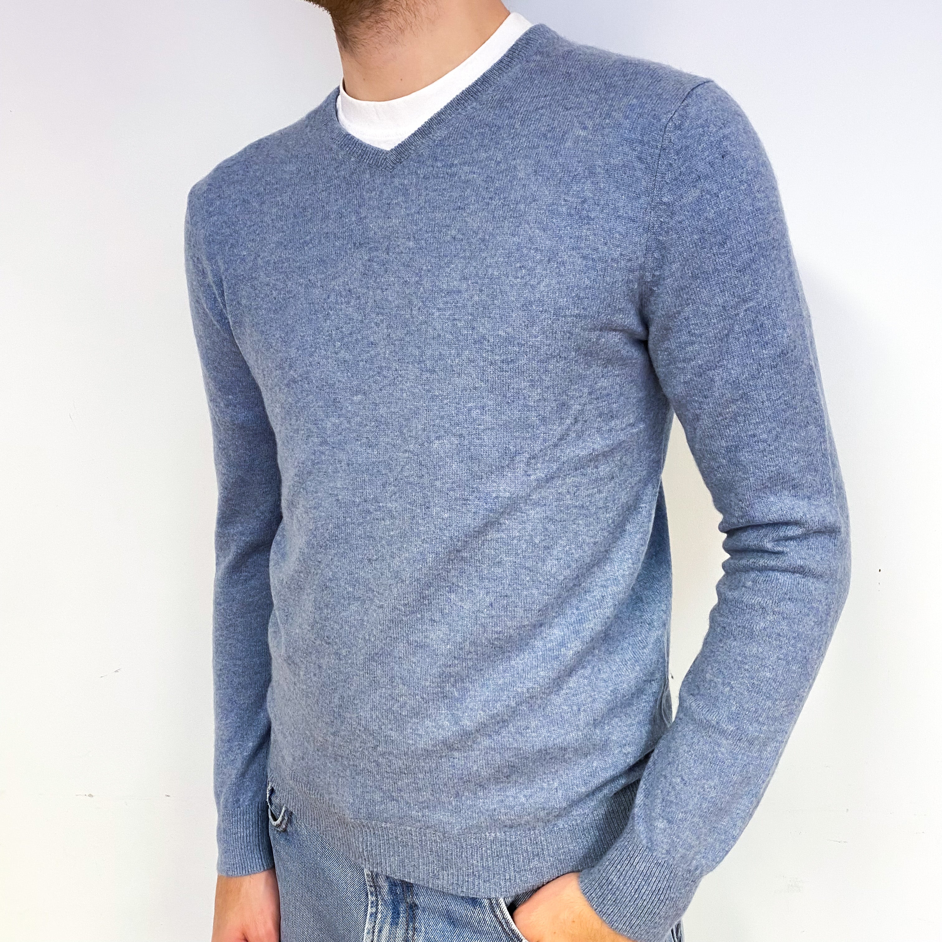 Men's Denim Blue Cashmere V-Neck Jumper Medium