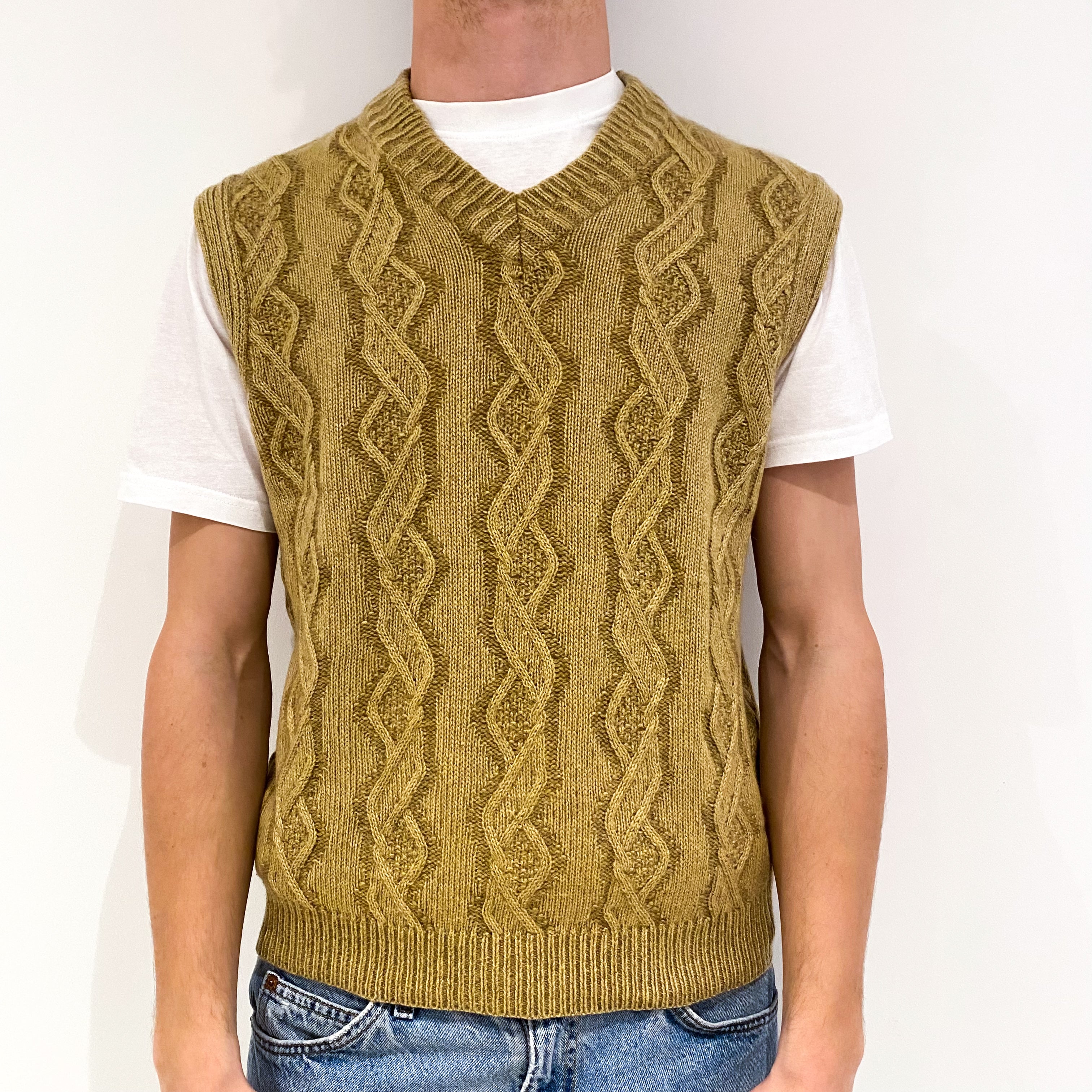 Men's Golden Brown Chunky Cable Cashmere V-Neck Jumper Vest Medium