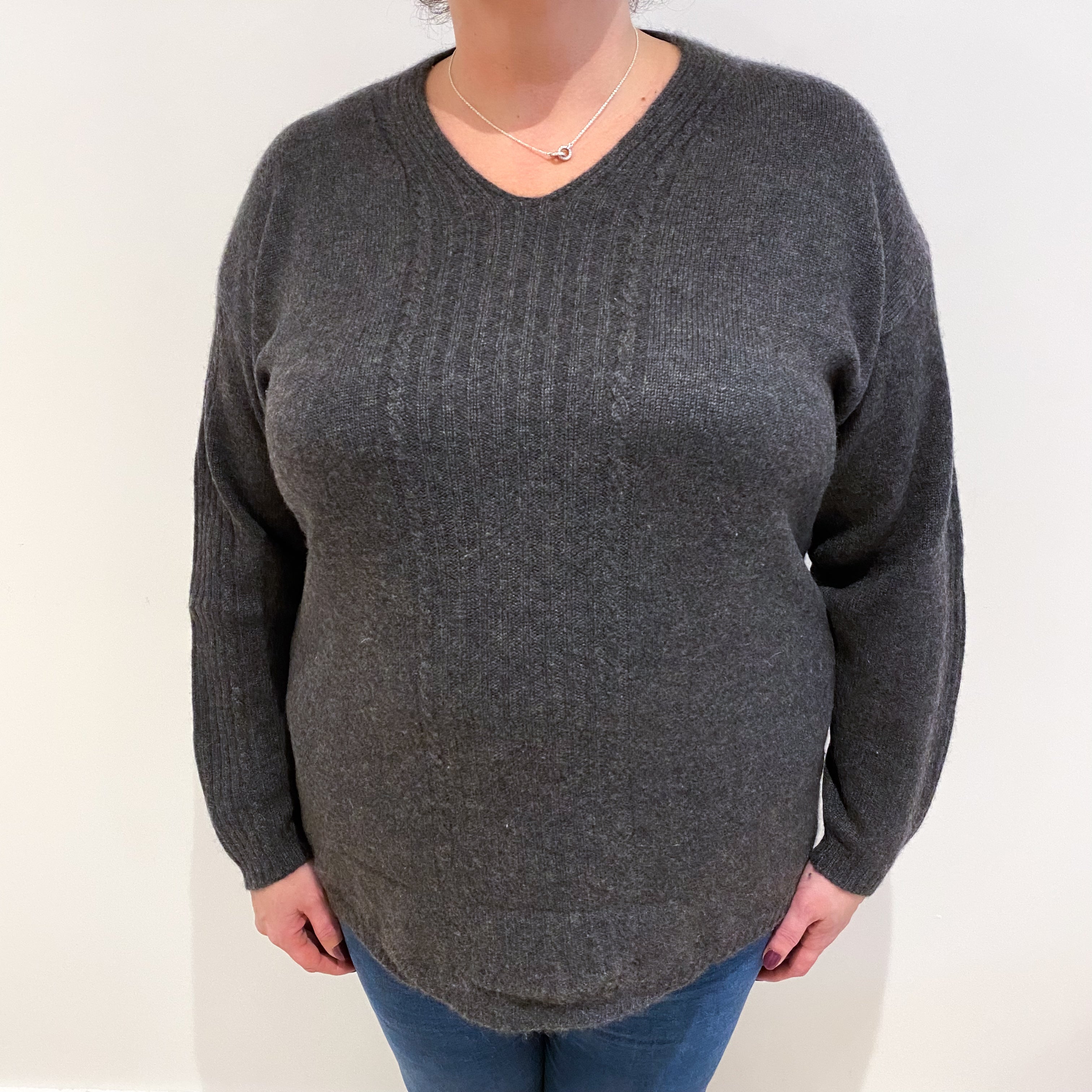 Slate Grey Cashmere V Neck Jumper Extra Large